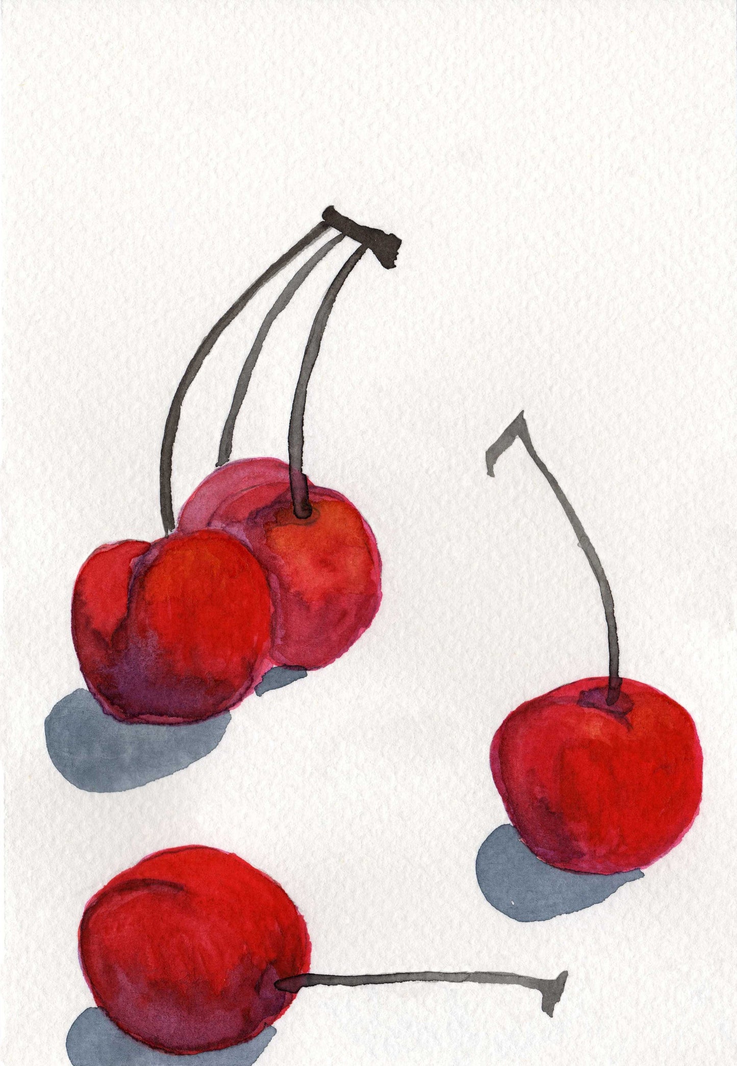 Watercolor Painting of Cherries PRINT Still Life, Watercolor Illustration, Wall Decor, Red White, Fruit Painting, Kitchen Art Cherry