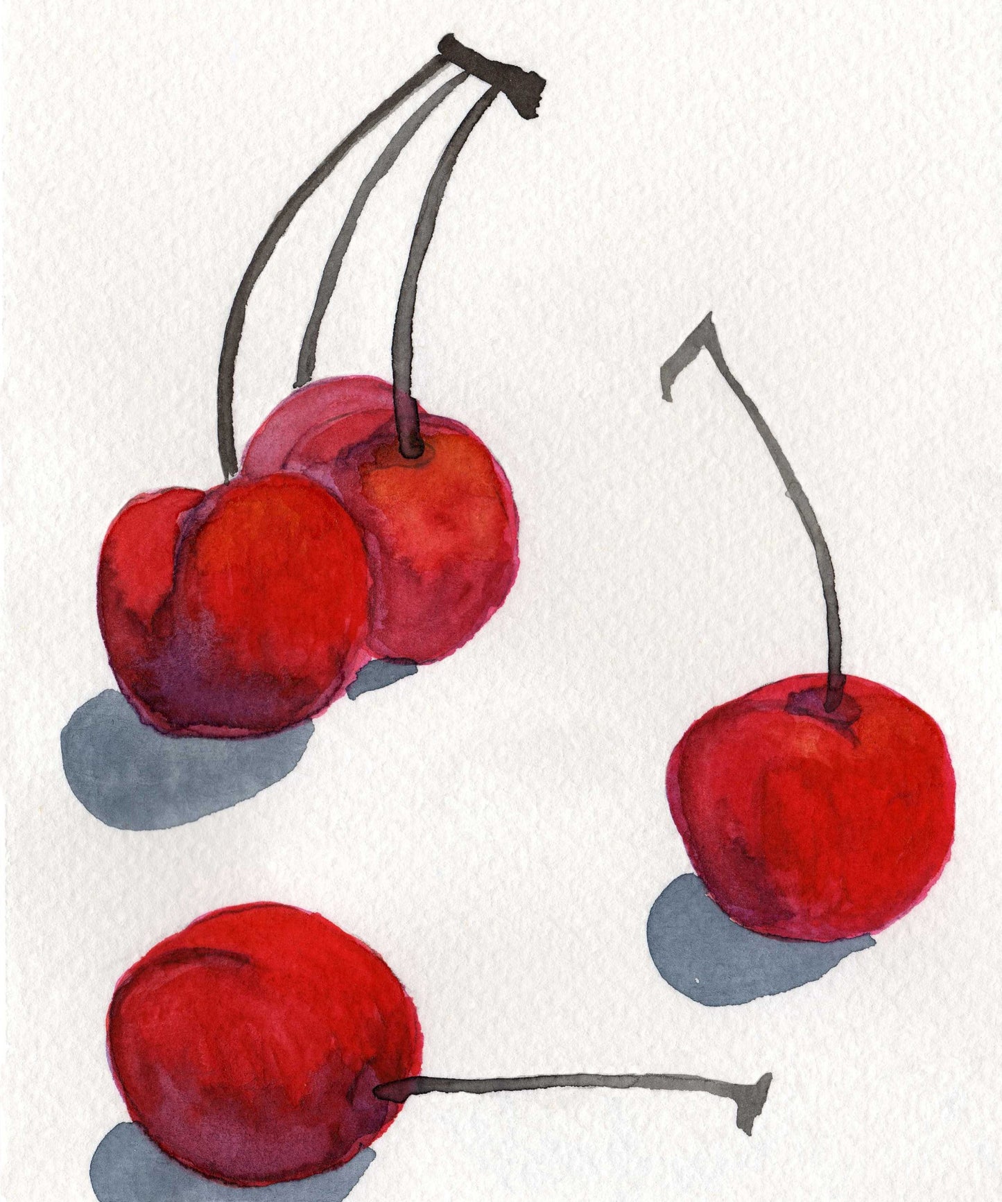 Watercolor Painting of Cherries PRINT Still Life, Watercolor Illustration, Wall Decor, Red White, Fruit Painting, Kitchen Art Cherry