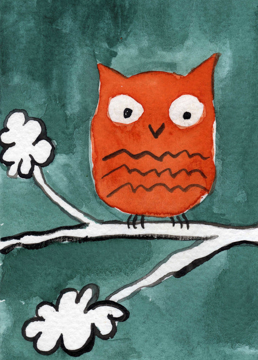 Orange Owl PRINT, Bird Painting, Woodland Forest Animals, Night Creatures, Orange Teal Bedroom, Wall Decor, Vibrant Colorful Bright Green