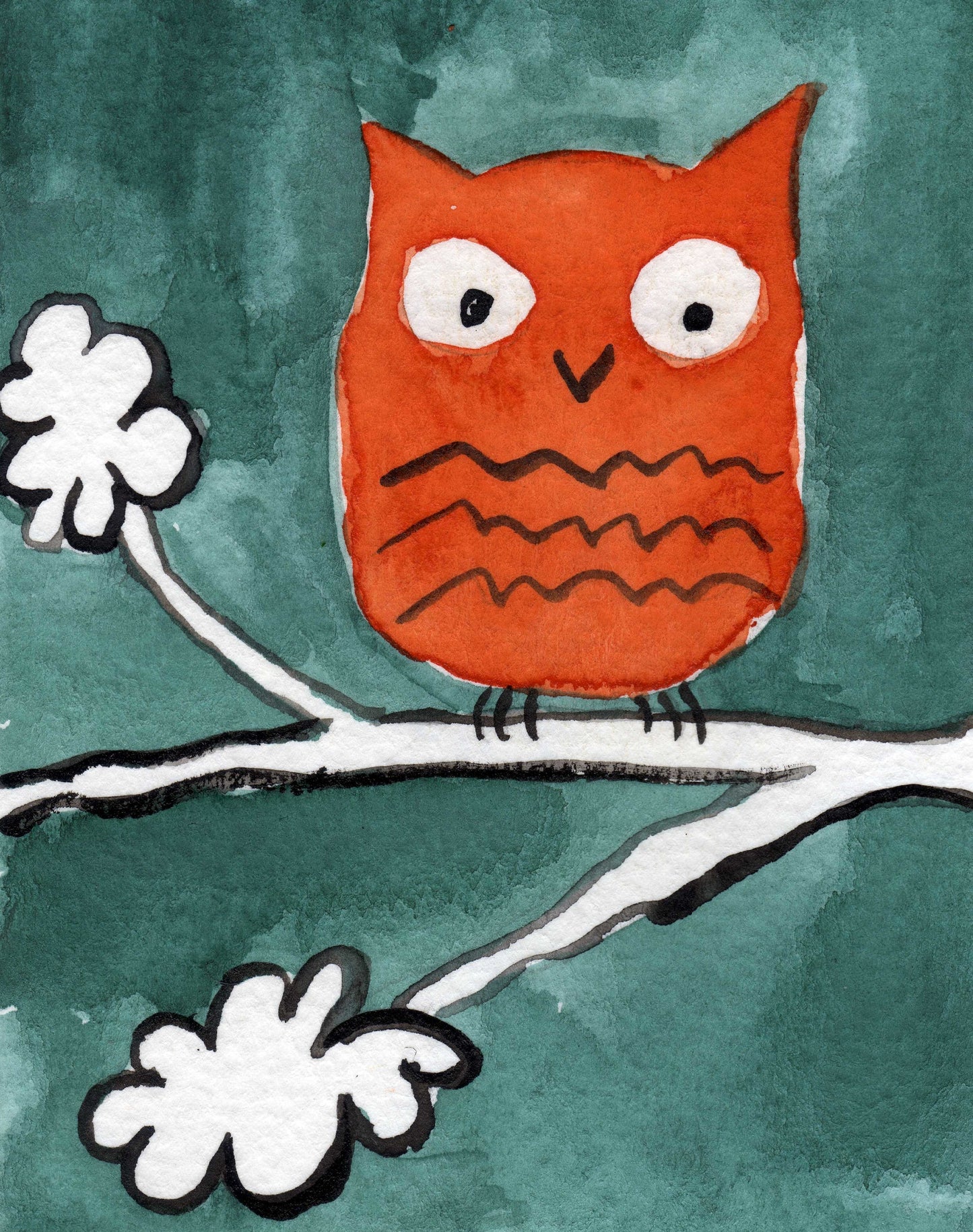 Orange Owl PRINT, Bird Painting, Woodland Forest Animals, Night Creatures, Orange Teal Bedroom, Wall Decor, Vibrant Colorful Bright Green