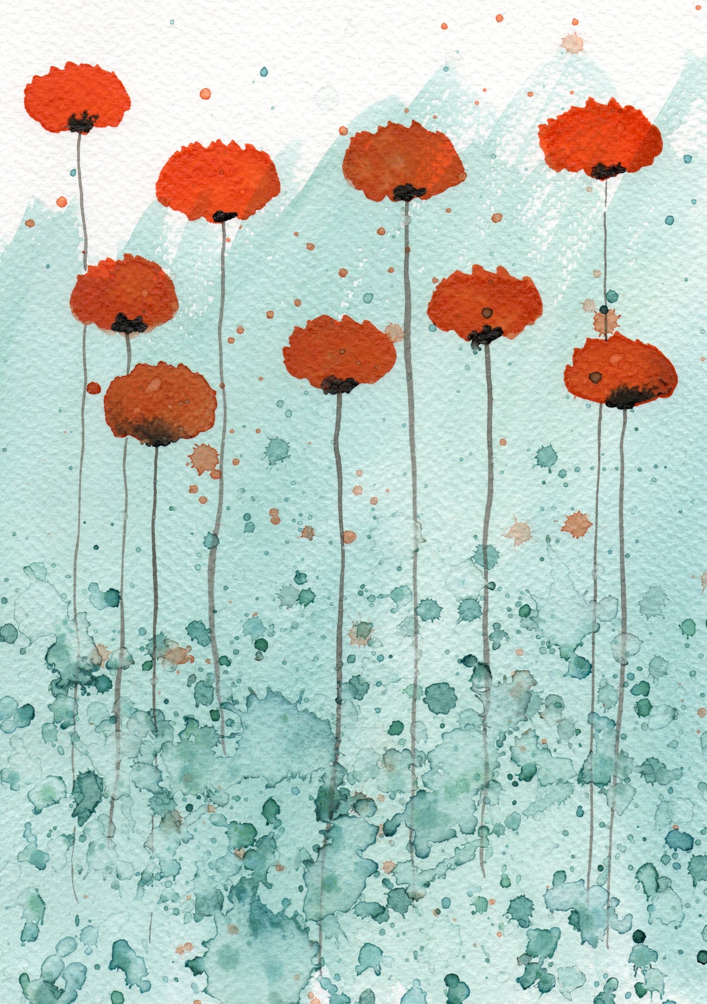 Orange Aqua Modern Farmhouse Flower Painting, Fine Art PRINT, Watercolor Flowers, Teal Blue Green, Floral Field Poppies, Abstract Landscape
