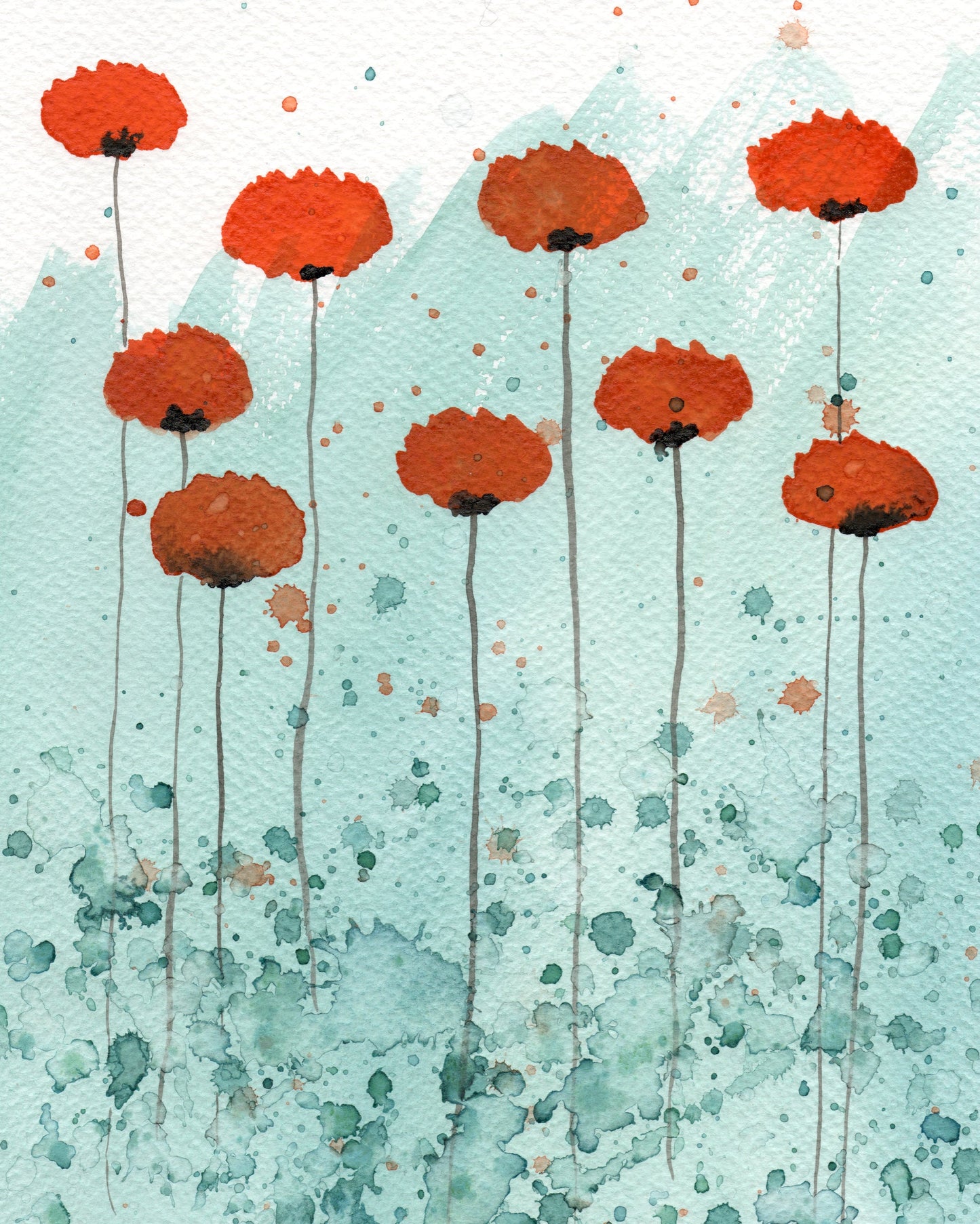 Orange Aqua Modern Farmhouse Flower Painting, Fine Art PRINT, Watercolor Flowers, Teal Blue Green, Floral Field Poppies, Abstract Landscape