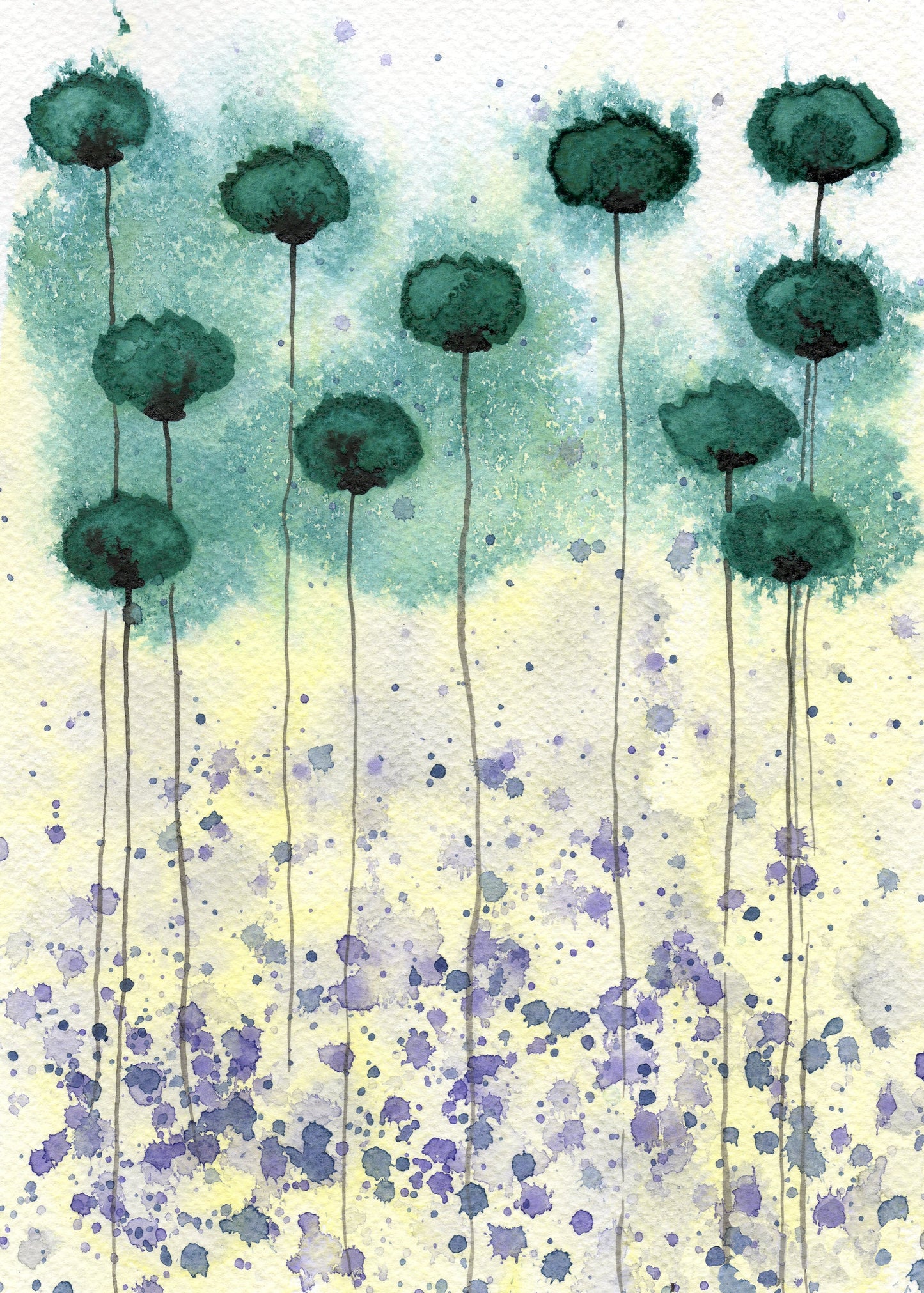 Teal Poppies PRINT, Yellow Cream Purple, Modern Farmhouse, Cottagecore Cottage, Floral Landscape, Watercolor Flowers, Bright Vibrant Wall