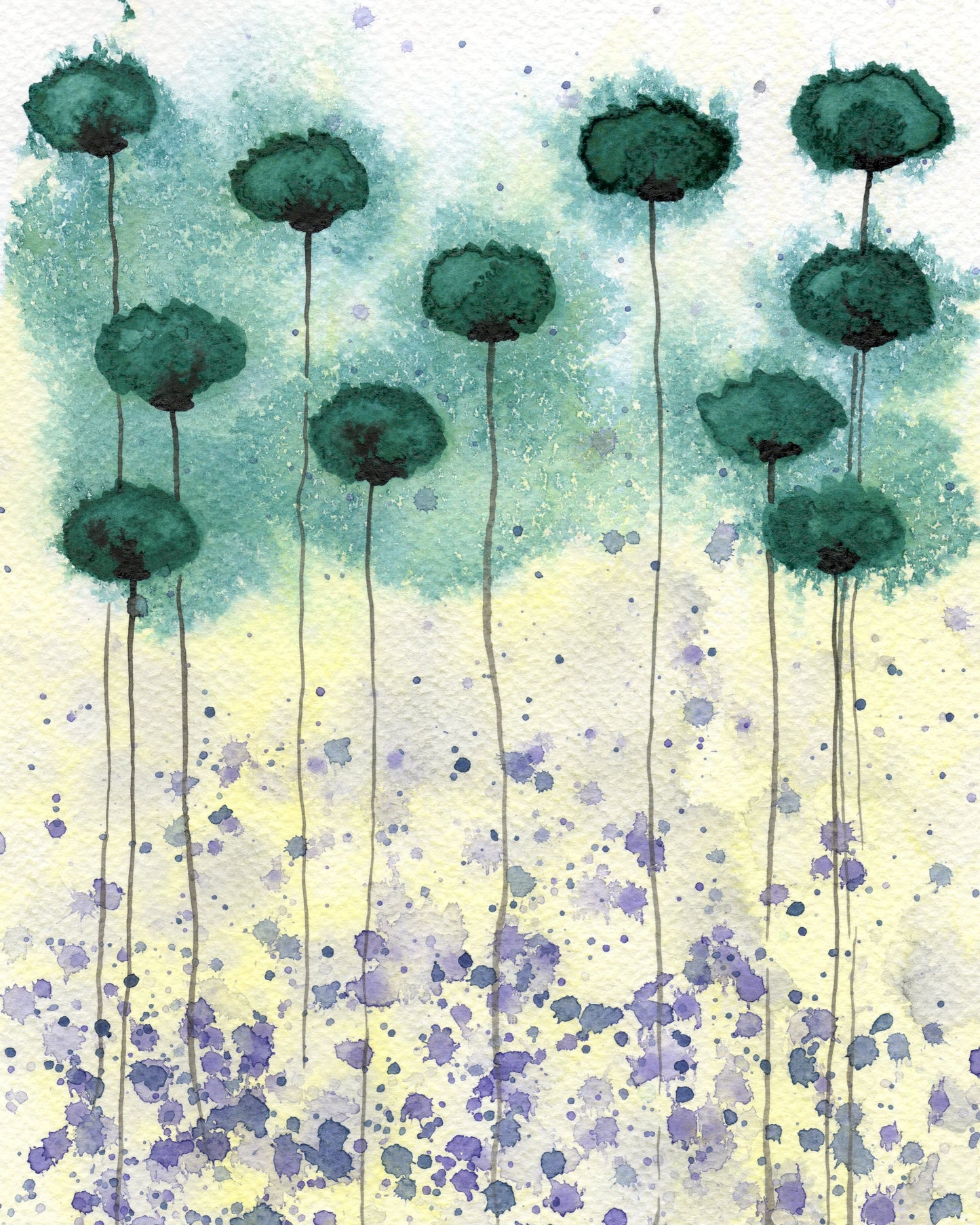 Teal Poppies PRINT, Yellow Cream Purple, Modern Farmhouse, Cottagecore Cottage, Floral Landscape, Watercolor Flowers, Bright Vibrant Wall