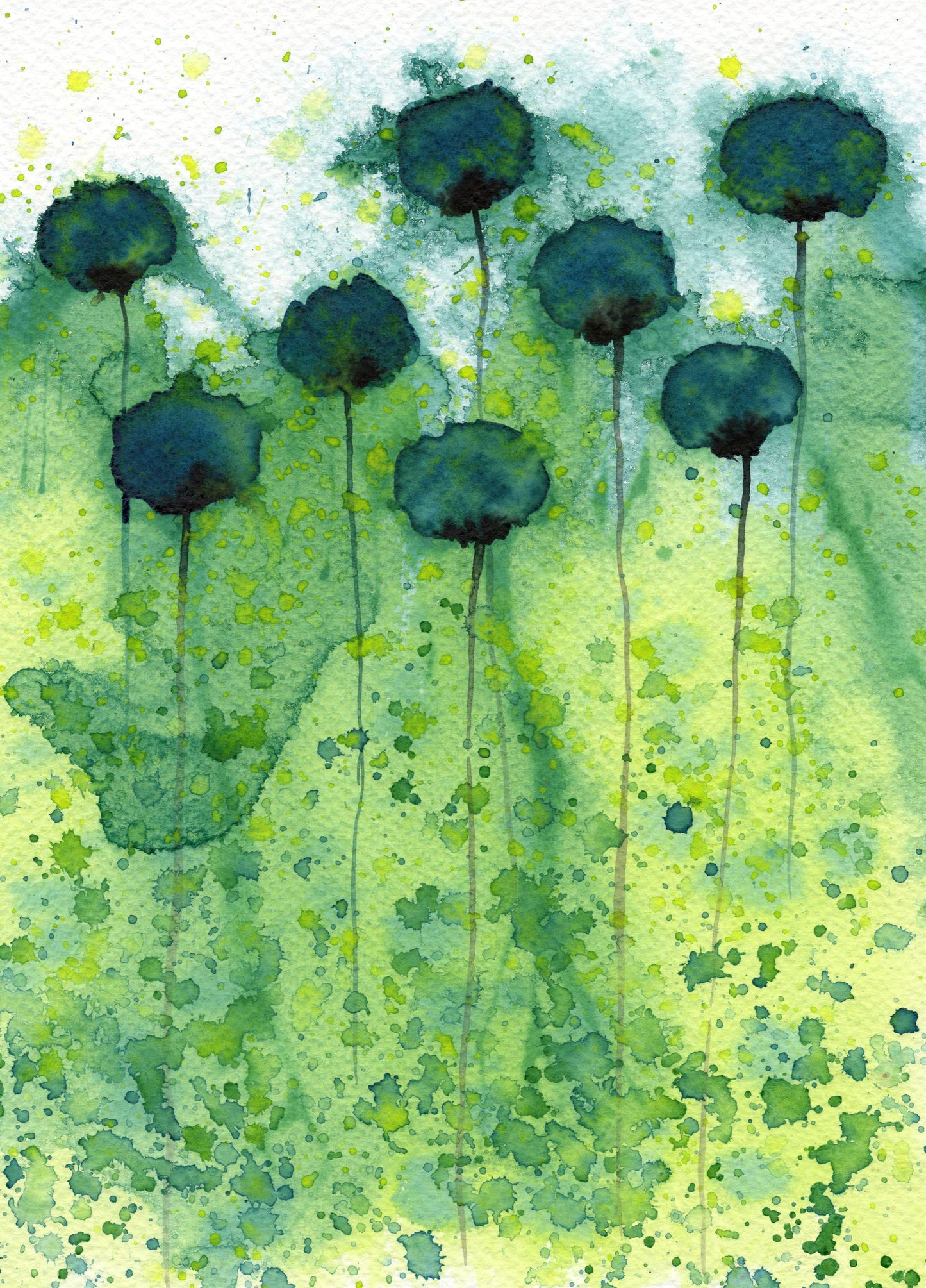 Teal and Yellow Flower PRINT Modern Farmhouse, Abstract Art, Wall Decor Watercolor Painting, Floral Garden Landscape, Cottagecore Cottage