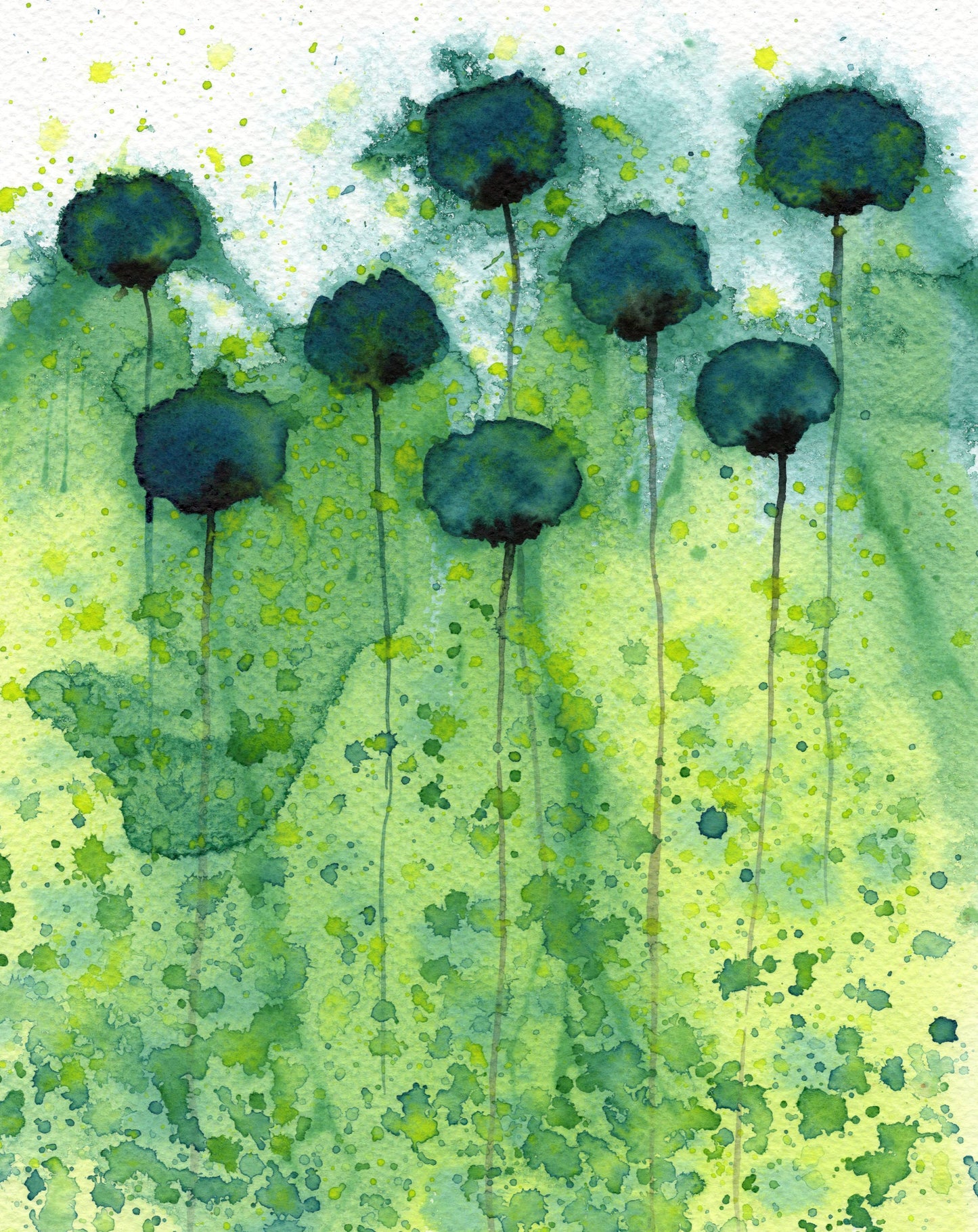 Teal and Yellow Flower PRINT Modern Farmhouse, Abstract Art, Wall Decor Watercolor Painting, Floral Garden Landscape, Cottagecore Cottage