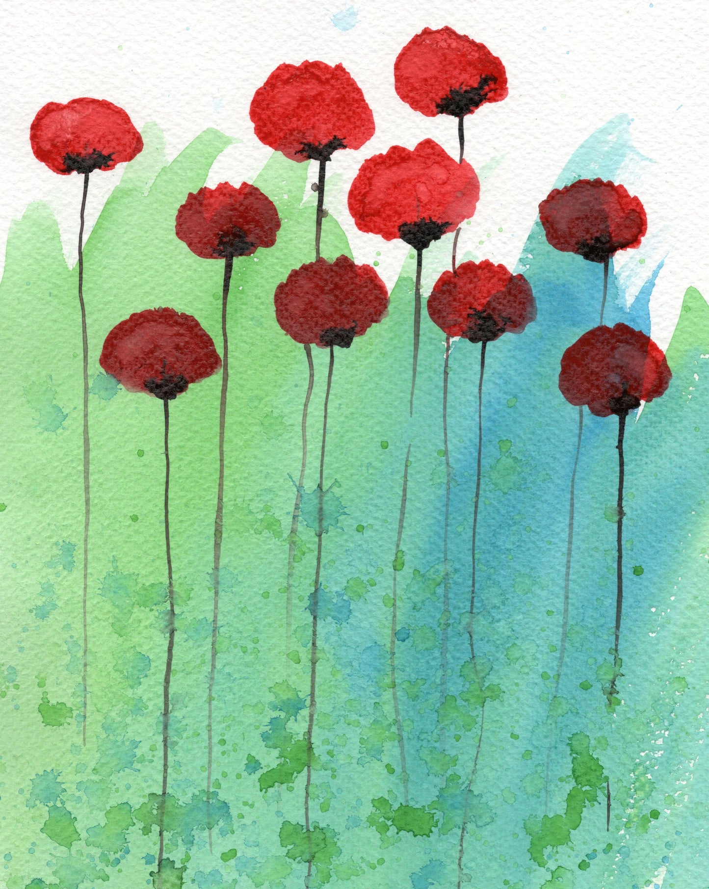 Colorful Red Poppy Painting, Watercolor Flowers for Modern Farmhouse Interior Decor, Cottage Style, Bathroom Art, Bedroom Living Room Foyer