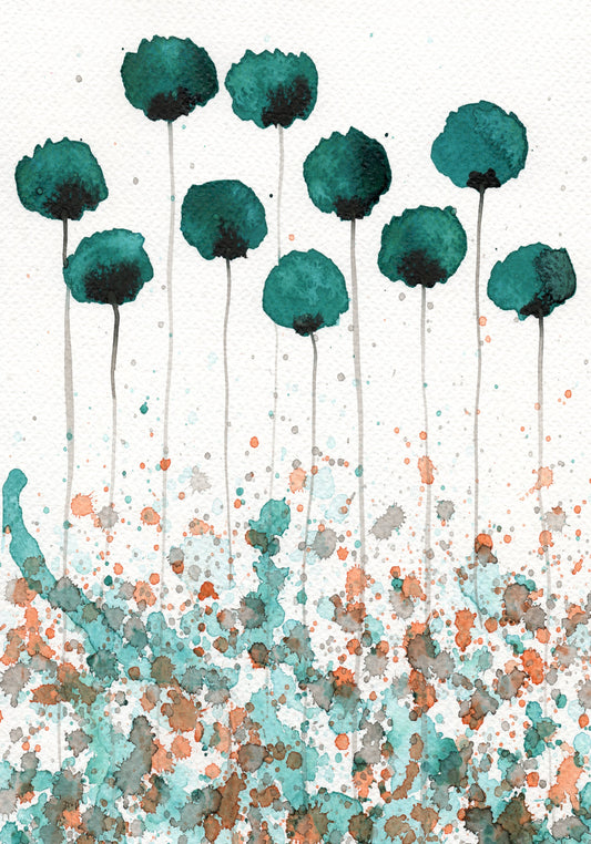 Teal Green Poppies PRINT, Abstract Painting Modern Farmhouse Wall Art Home Decor Watercolor Painting Garden Landscape Orange Aqua Green Art