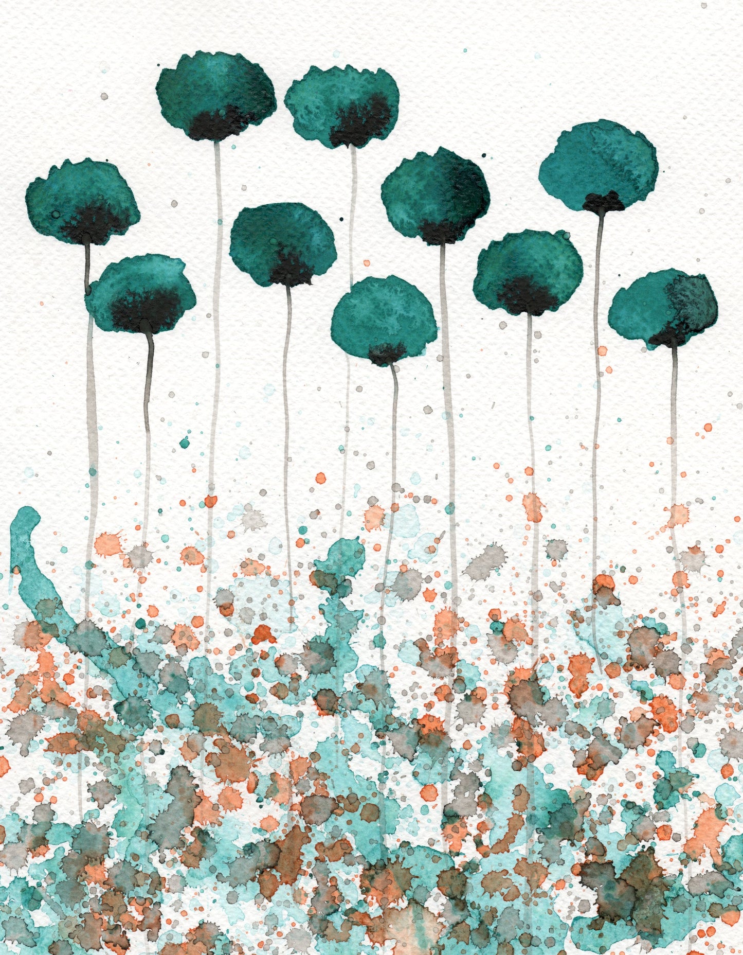 Teal Green Poppies PRINT, Abstract Painting Modern Farmhouse Wall Art Home Decor Watercolor Painting Garden Landscape Orange Aqua Green Art