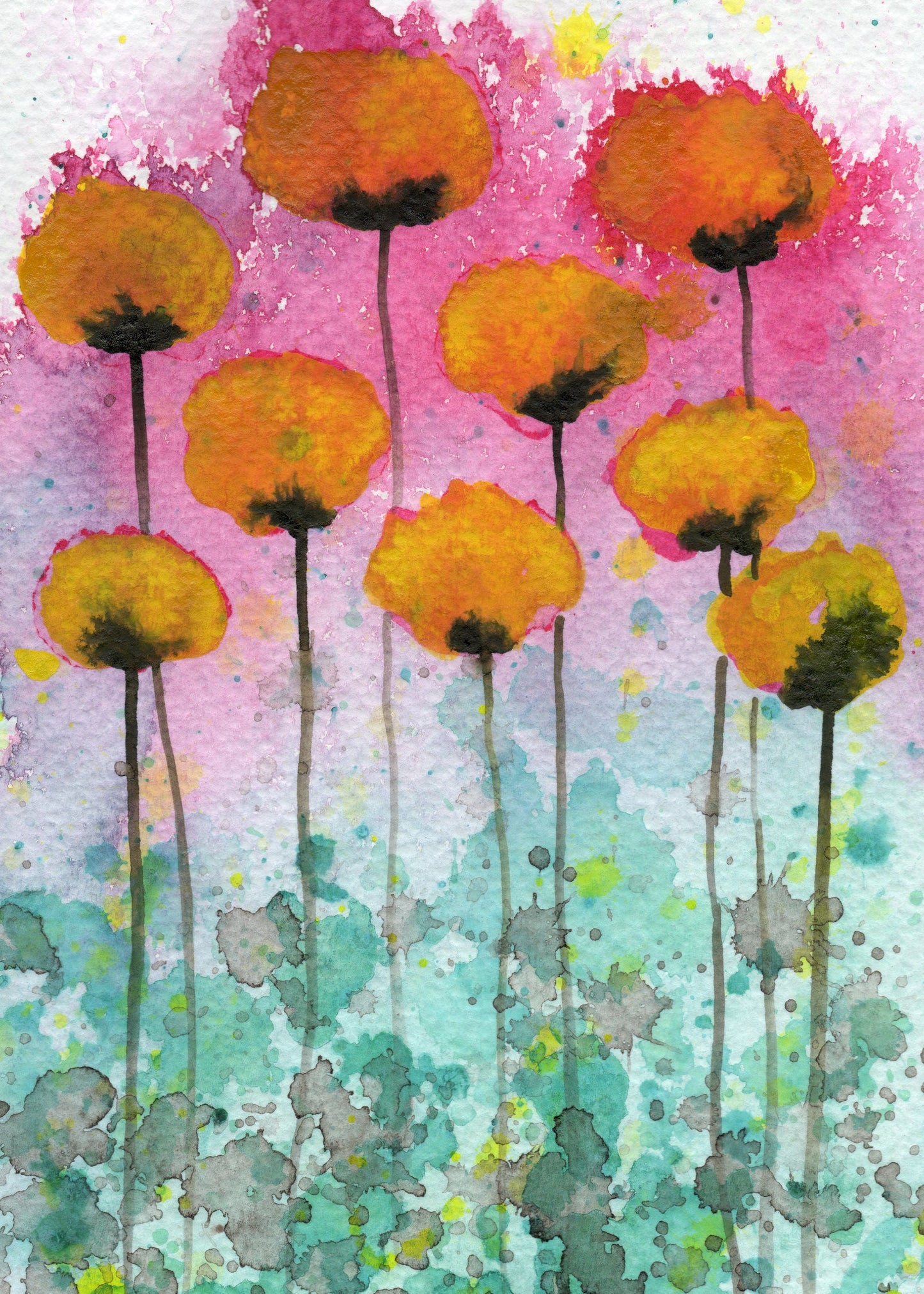Yellow Pink Aqua, Watercolor Painting, Abstract Art, Watercolor Flowers, Wall Art Home Decor, Fine Art Print, Colorful Bathroom Decoration