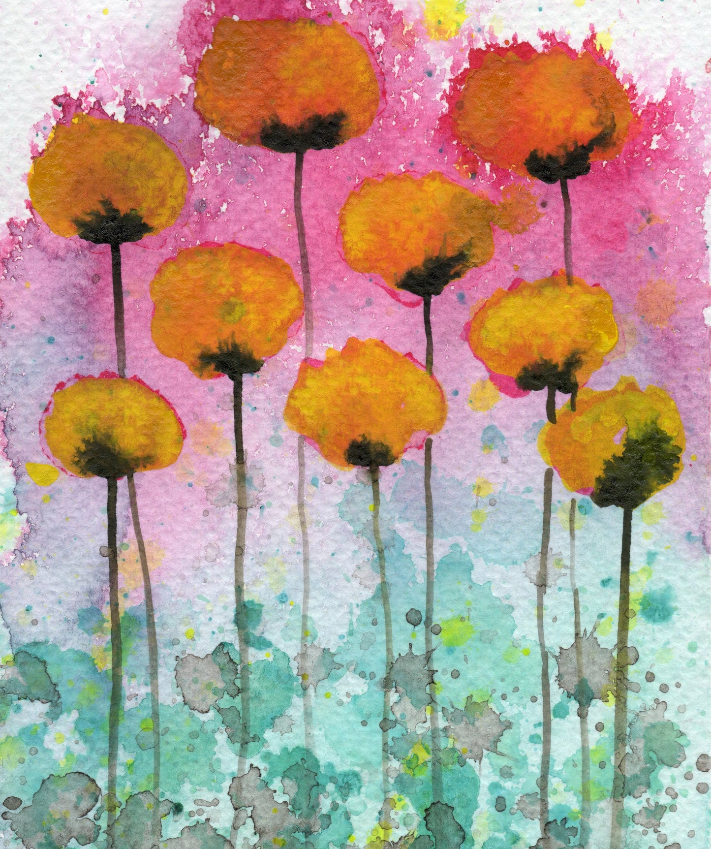 Yellow Pink Aqua, Watercolor Painting, Abstract Art, Watercolor Flowers, Wall Art Home Decor, Fine Art Print, Colorful Bathroom Decoration