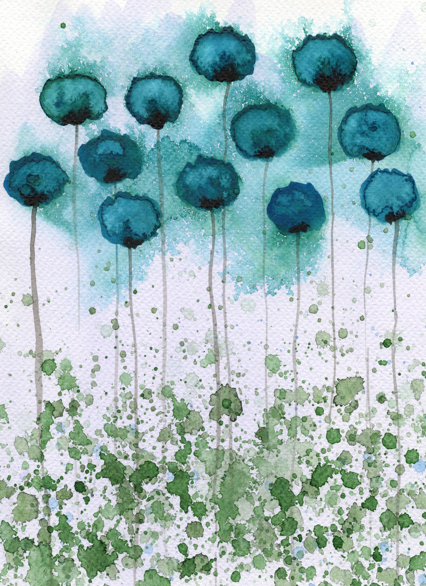 Aqua and Violet PRINT of Watercolor Flowers, Modern Farmhouse, Watercolor Painting, Cottagecore, Cottage, Blue Floral Wall Decor Poppy