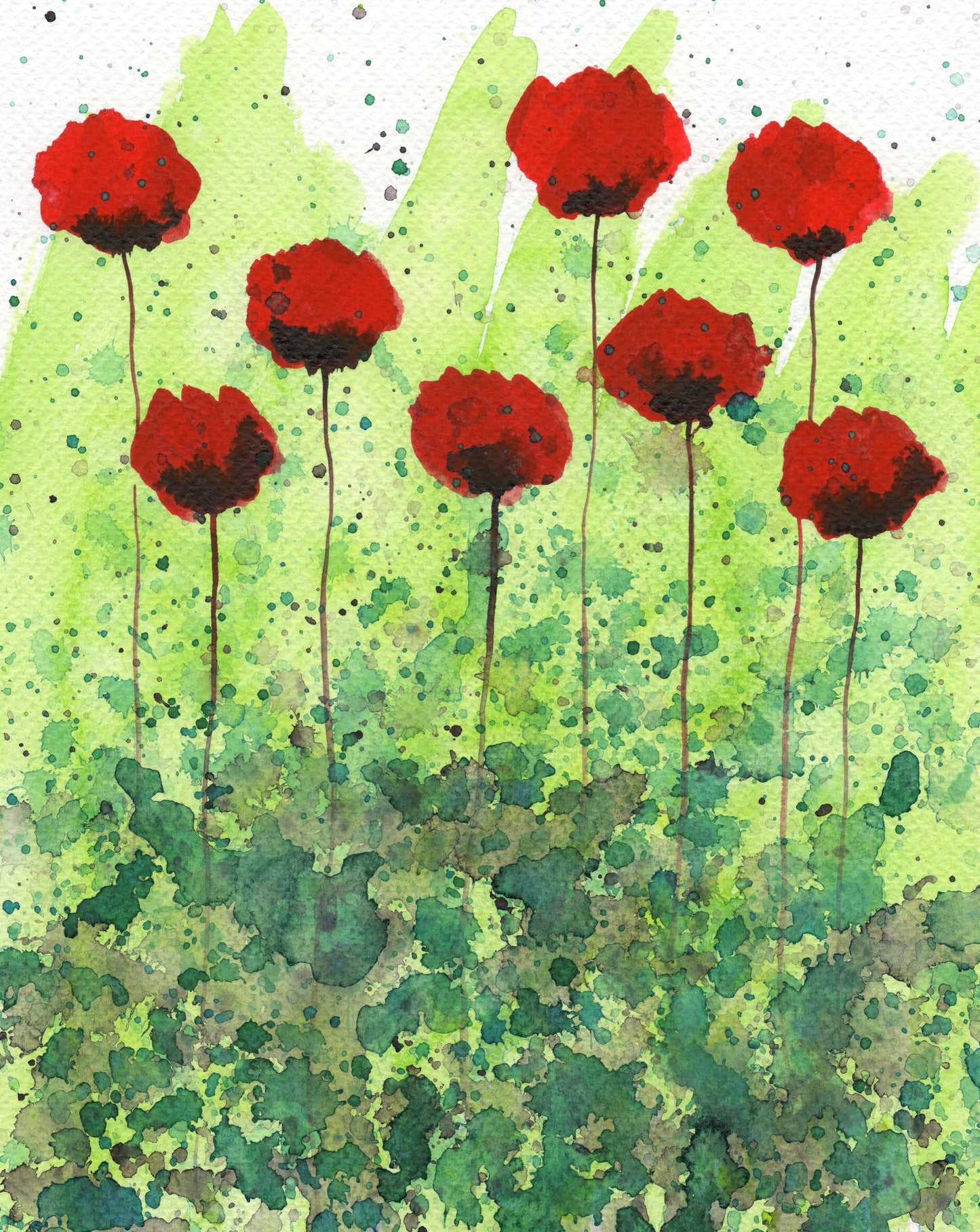Scarlet Poppies PRINT of Watercolor Flowers for Modern Farmhouse Style Home, Cottage Wall Art, Colorful Red and Green Painting Office Decor