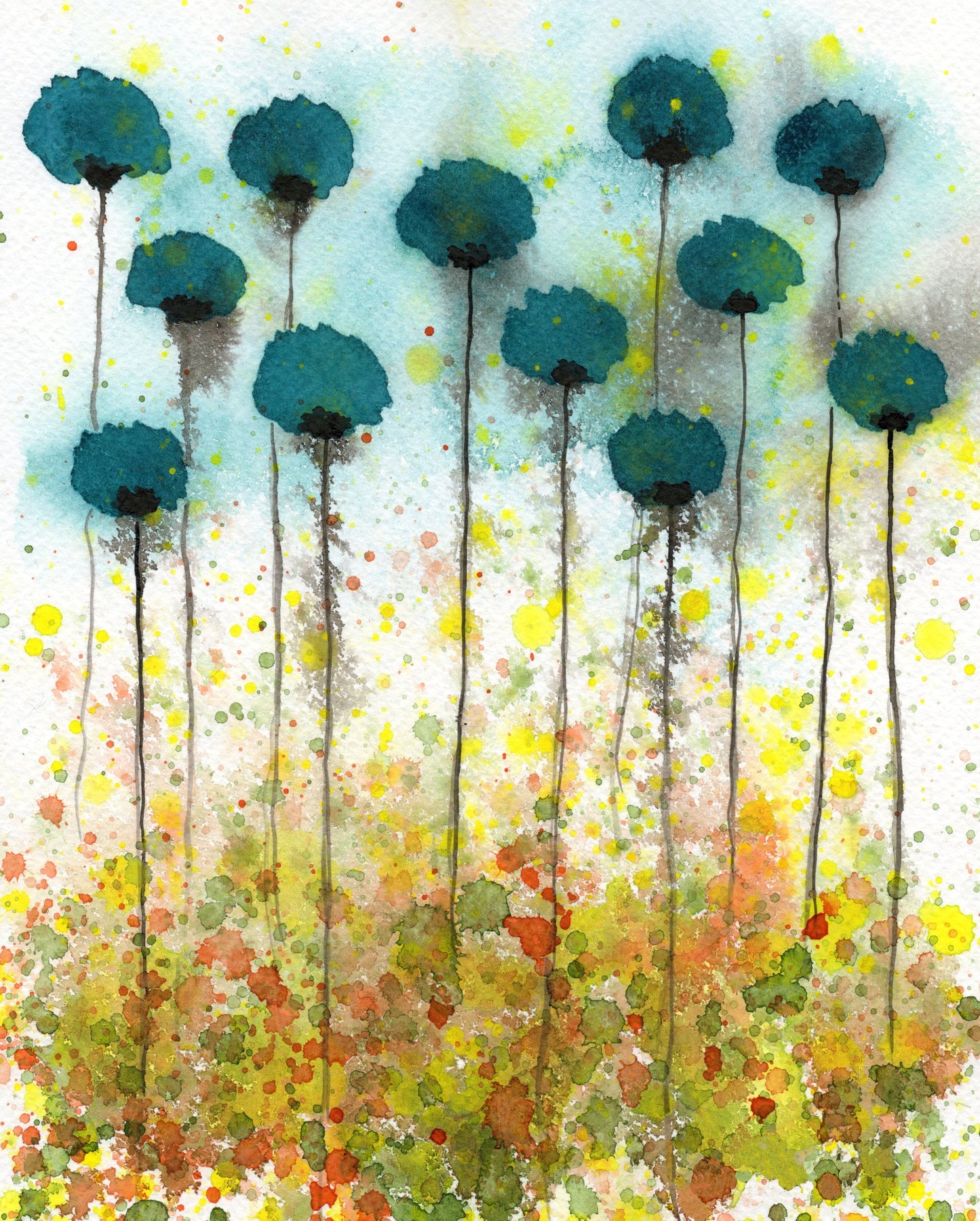 Teal Modern Farmhouse PRINT Flower Painting, Fine Art, Watercolor Flowers, Orange Yellow Green, Floral Field of Poppies, Cottagecore Cottage