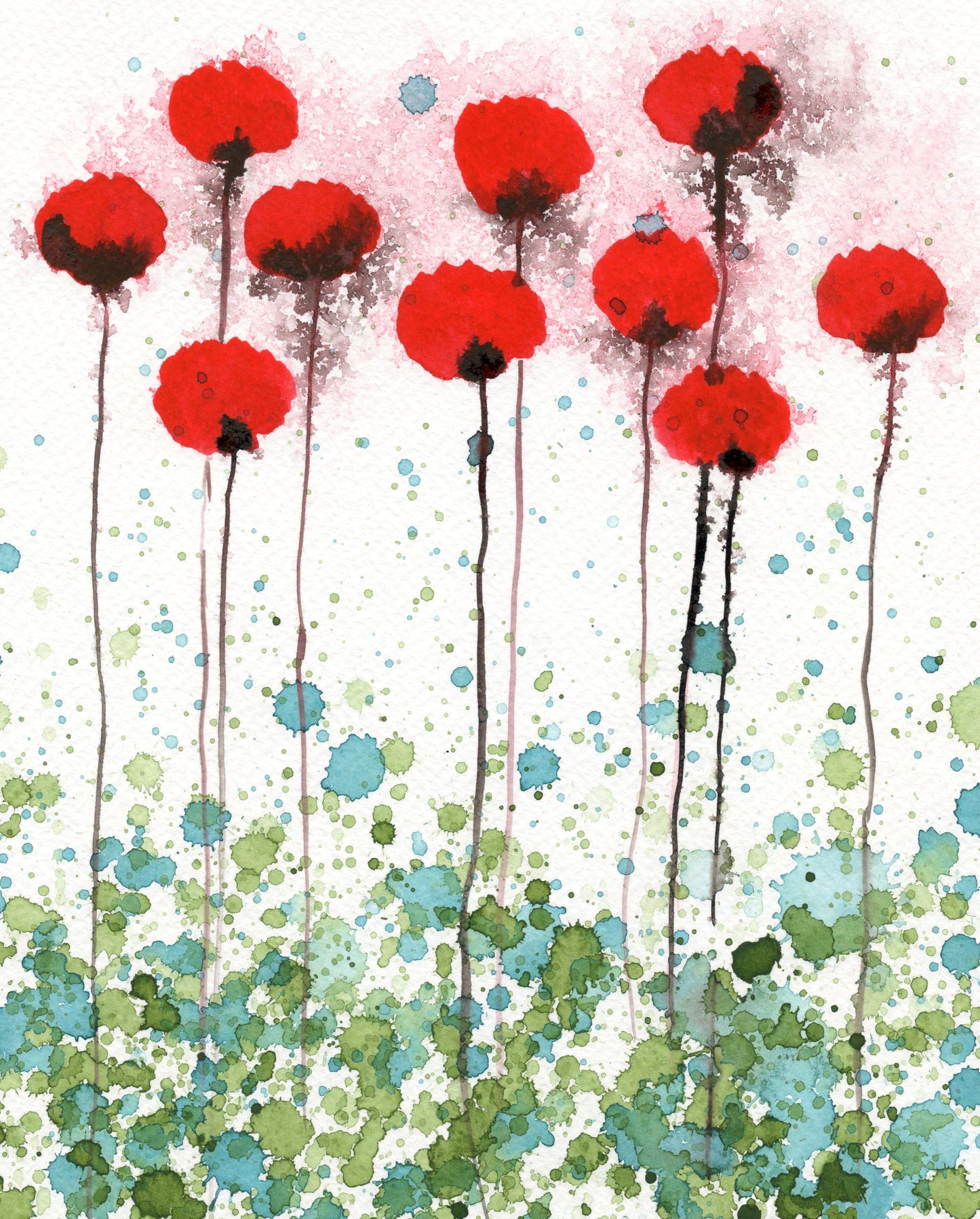 Red Poppies Watercolor Flowers, Aqua, Green, Modern Farmhouse Wall Decor, Watercolor Flowers, Cottage Style, Sophisticated Bedroom, Bathroom