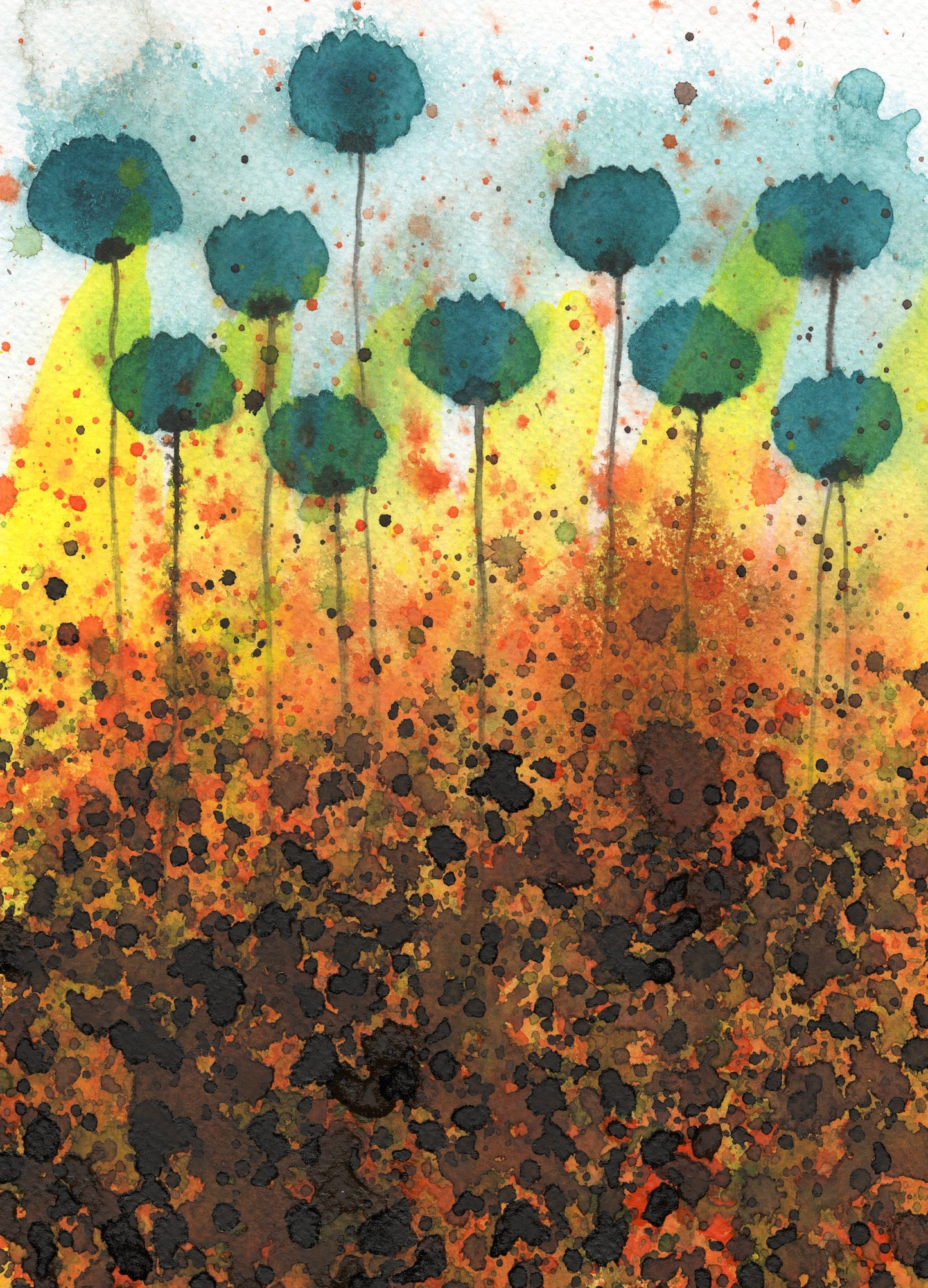 Teal Yellow Orange, Watercolor Flower Painting, Vibrant Art, Colorful Painting, Fine Art, Giclee Print, Floral Garden Landscape, Abstract