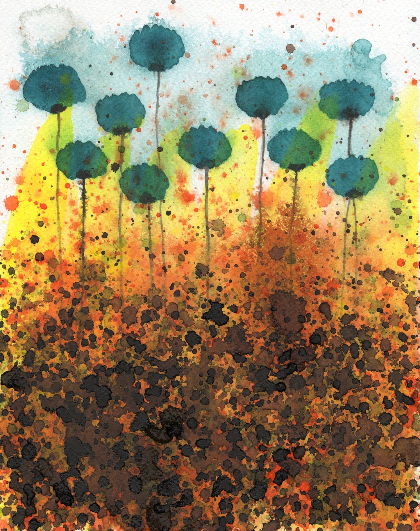 Teal Yellow Orange, Watercolor Flower Painting, Vibrant Art, Colorful Painting, Fine Art, Giclee Print, Floral Garden Landscape, Abstract