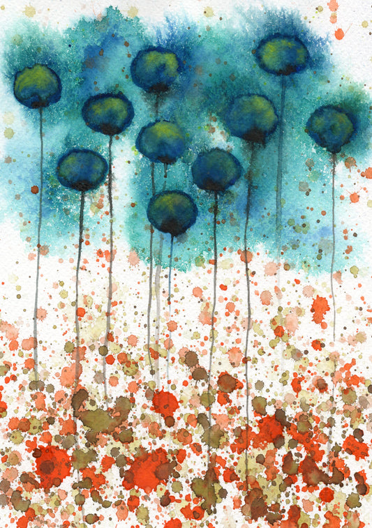 Teal and Orange Watercolor Flowers PRINT, Modern Beach House, Farmhouse Bathroom Living Room Bedroom Cottage Painting, Sand and Ocean Decor