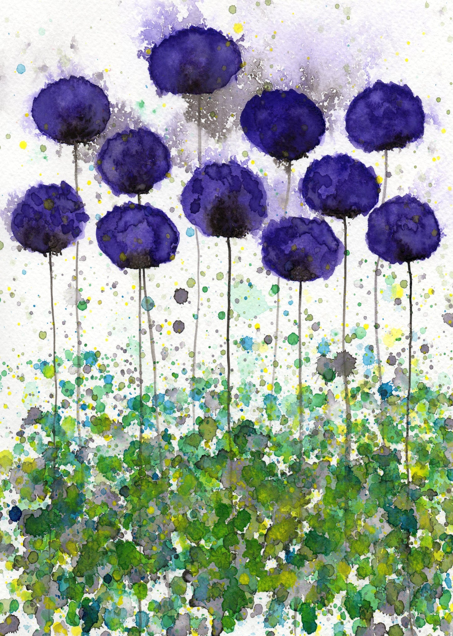 Purple and Green PRINT of Watercolor Flowers, "Upward Slope", Modern Farmhouse, Purple Poppies, Floral Painting, Landscape, Cottage Painting
