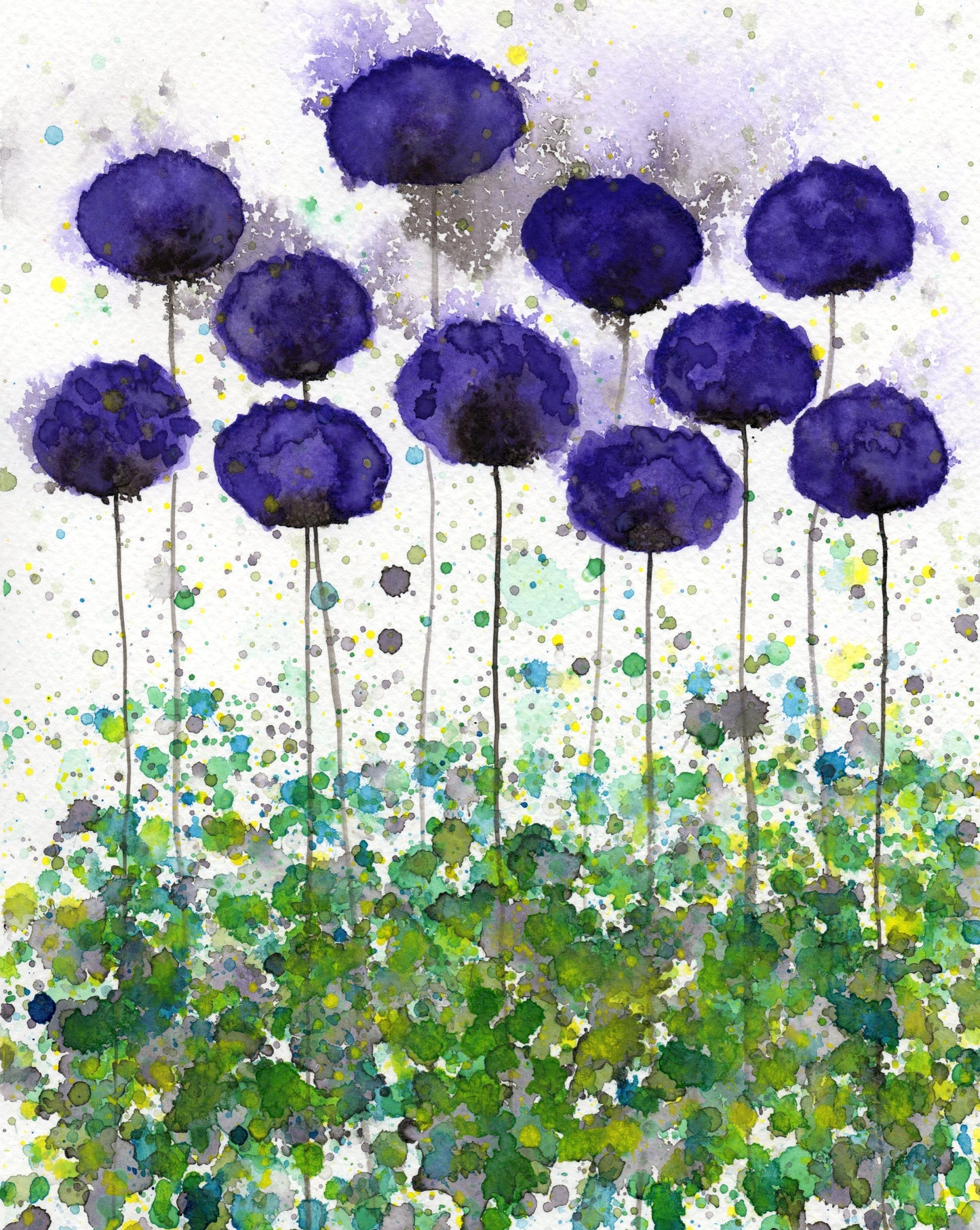 Purple and Green PRINT of Watercolor Flowers, "Upward Slope", Modern Farmhouse, Purple Poppies, Floral Painting, Landscape, Cottage Painting