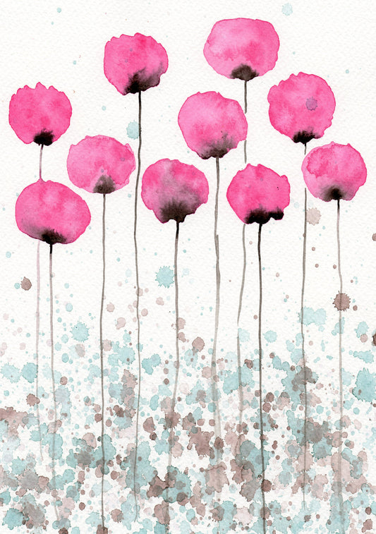 Pink and Aqua PRINT Watercolor Flower Painting, Cottage Decor, Shabby Chic, Modern Farmhouse, Cottagecore, Garden Landscape Poppy Painting