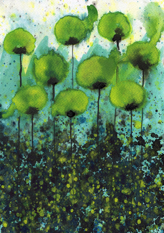 Yellow and Green PRINT of Watercolor Flowers, Modern Farmhouse, Cottage Garden Wall Painting, Flow Painting, Splatter Painting, Abstract Art