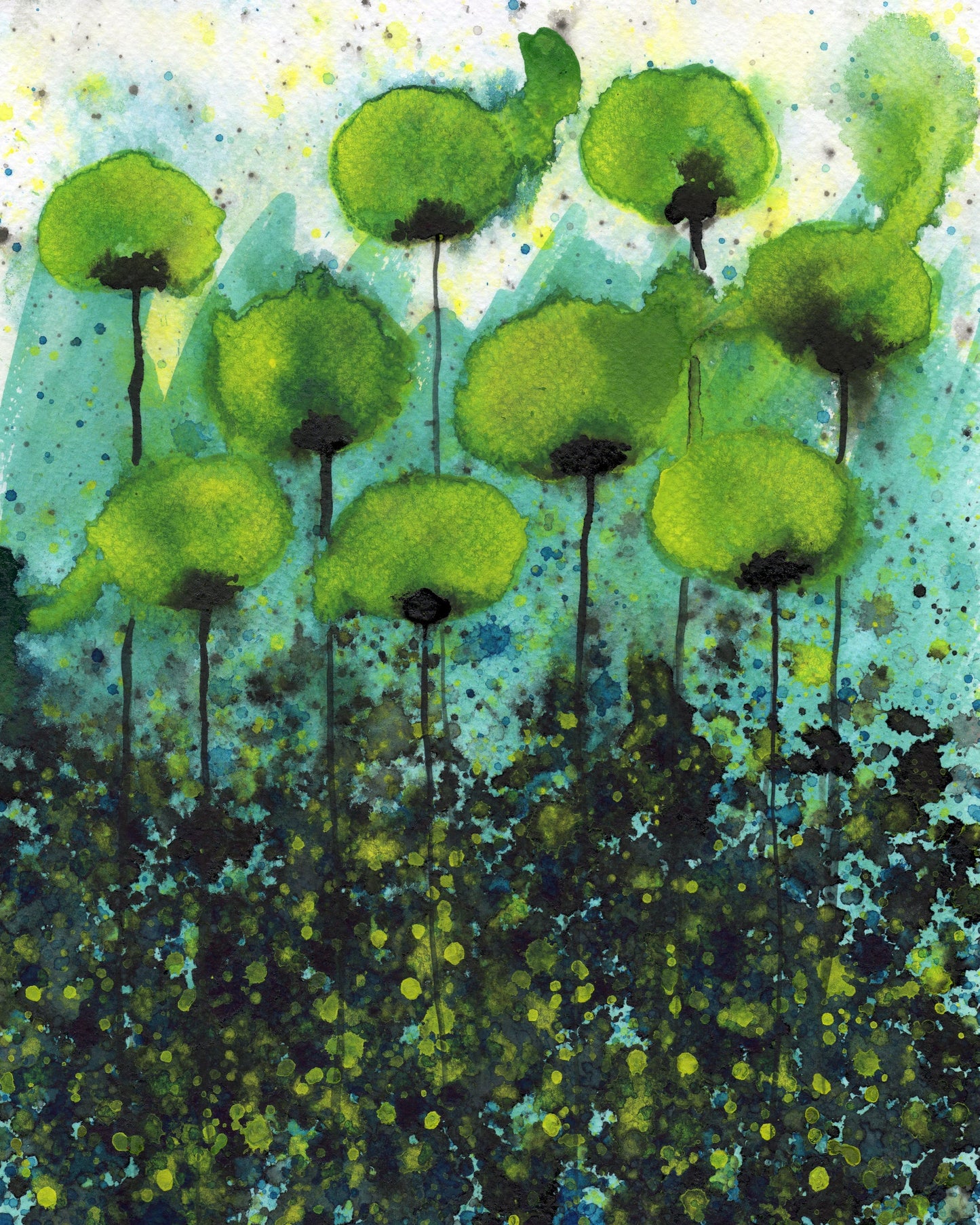Yellow and Green PRINT of Watercolor Flowers, Modern Farmhouse, Cottage Garden Wall Painting, Flow Painting, Splatter Painting, Abstract Art