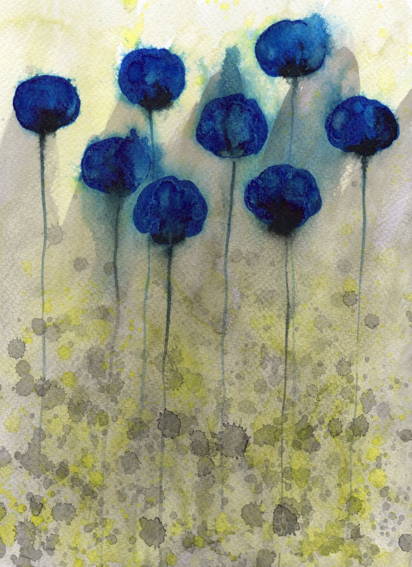 Foggy Day Flowers for Modern Farmhouse Interior, Neutral Colors for Interior Design, Blue Gray and Yellow Painting of Flowers, Watercolor