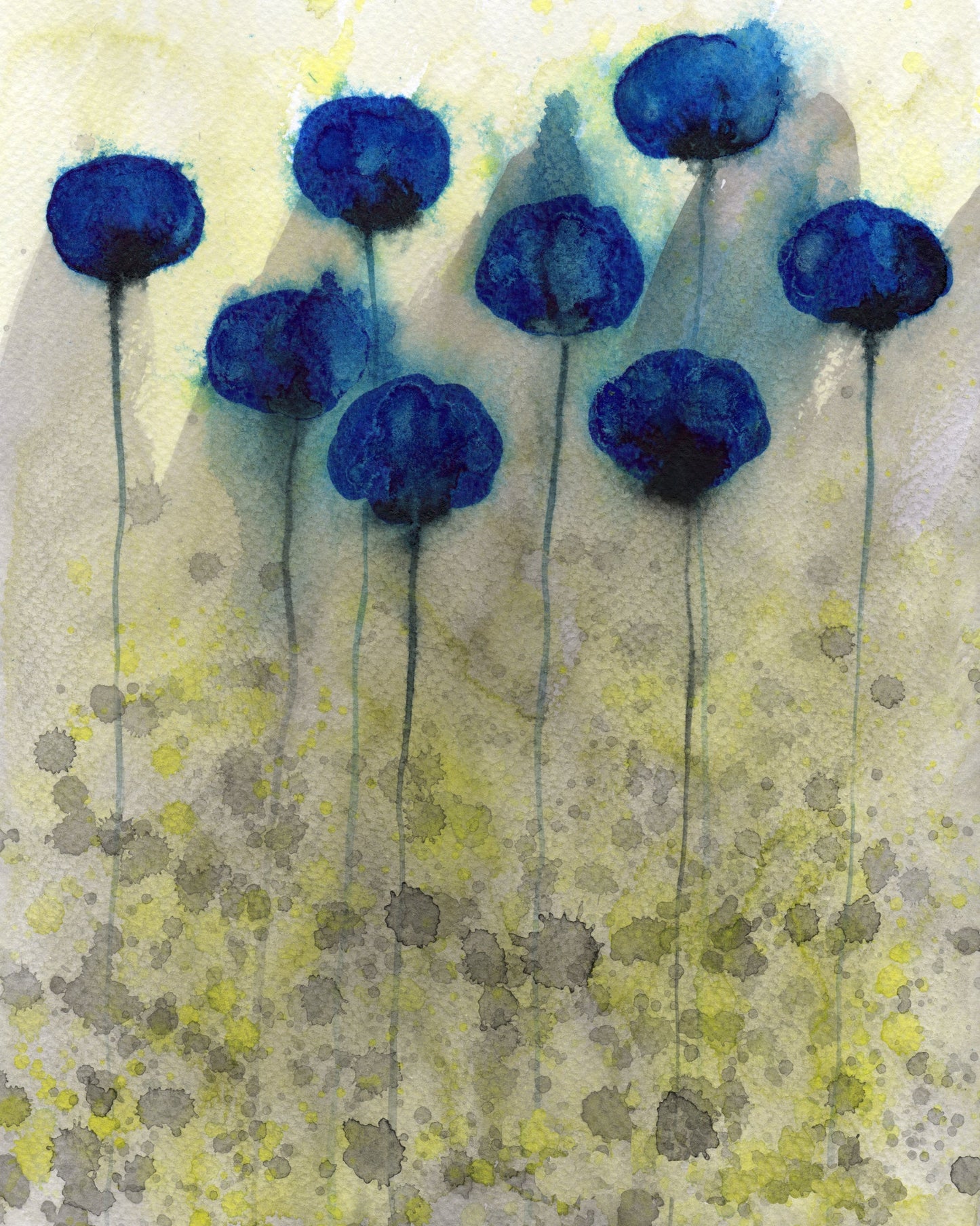 Foggy Day Flowers for Modern Farmhouse Interior, Neutral Colors for Interior Design, Blue Gray and Yellow Painting of Flowers, Watercolor