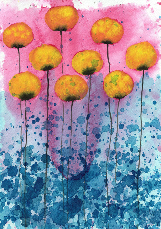 Colorful Watercolor Flowers PRINT, Cottagecore Painting, Modern Farmhouse Home Decor, Sweet Feminine Bedroom Wall, Pink Yellow Aqua Blue Art