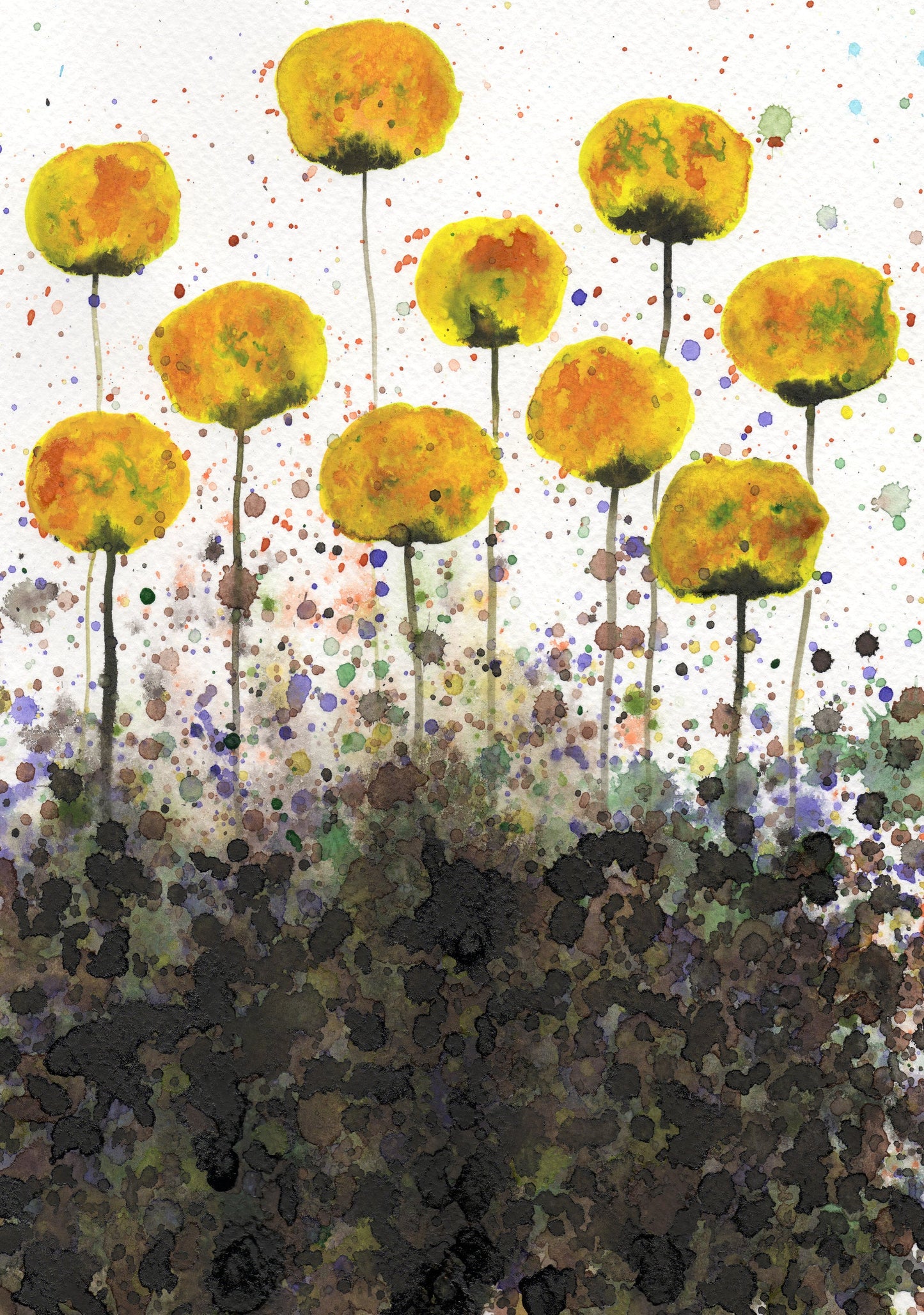 Sepia and Yellow Flower PRINT for Modern Farmhouse Style Home Decor, Cottage Garden Landscape, Abstract Watercolor Floral Living Room Wall