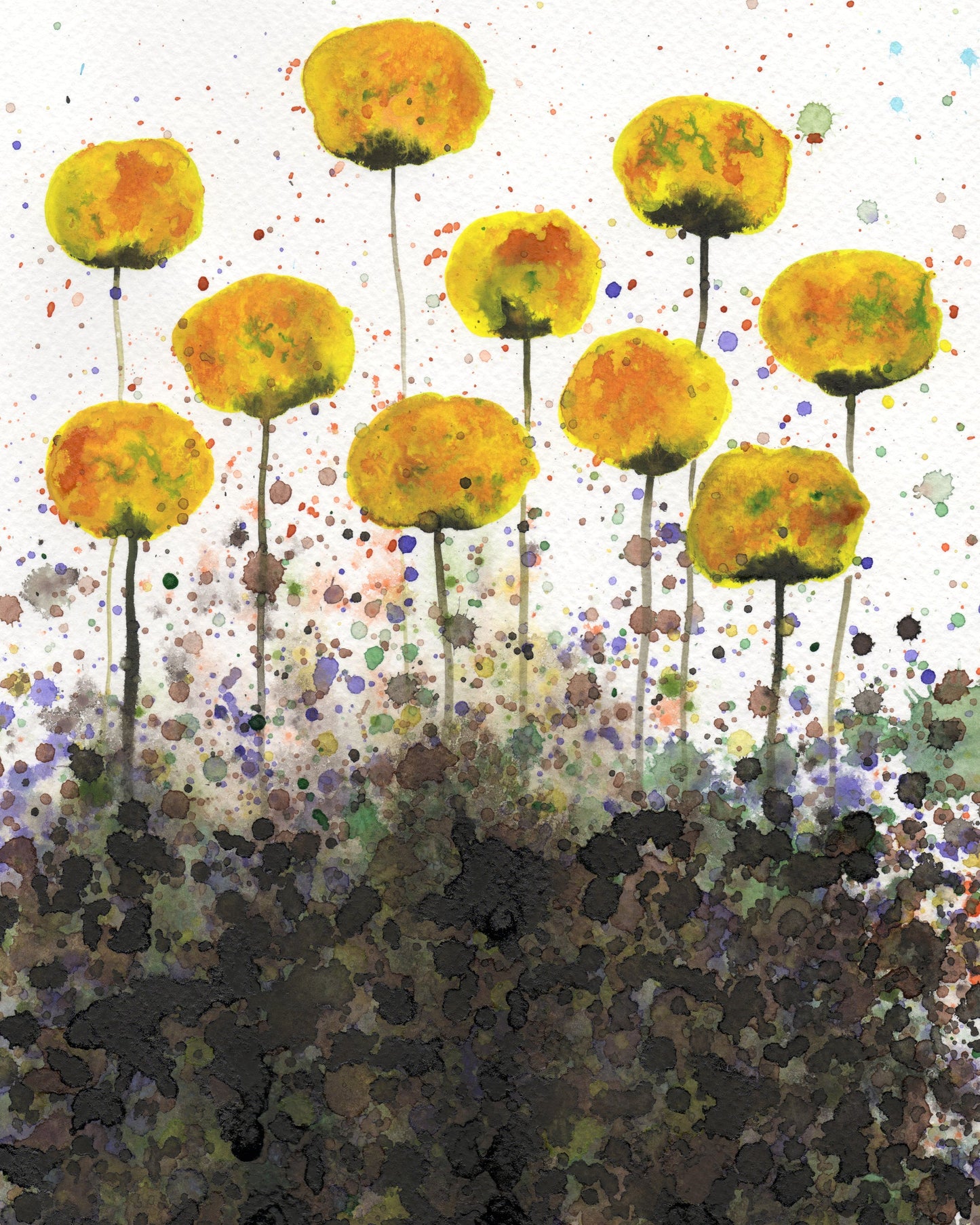 Sepia and Yellow Flower PRINT for Modern Farmhouse Style Home Decor, Cottage Garden Landscape, Abstract Watercolor Floral Living Room Wall