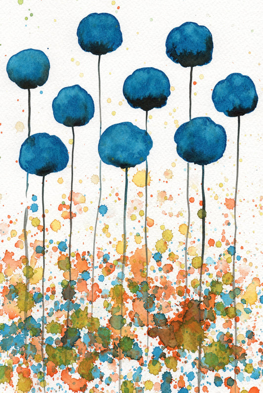 Teal and Orange PRINT of Watercolor Flowers, Modern Farmhouse, Cottage Garden Style, Aqua Blue Landscape Painting, Wall Decor, Cottagecore