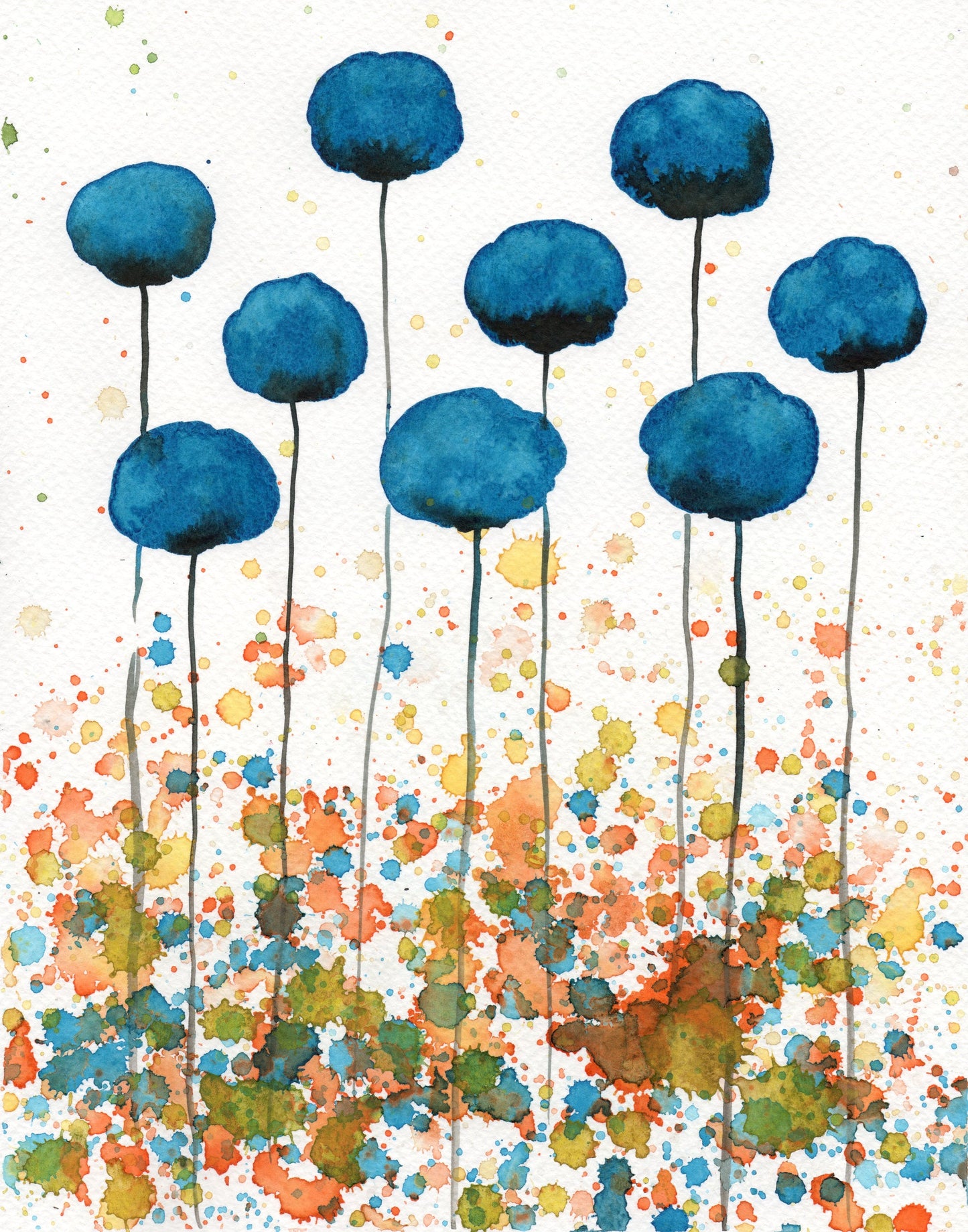 Teal and Orange PRINT of Watercolor Flowers, Modern Farmhouse, Cottage Garden Style, Aqua Blue Landscape Painting, Wall Decor, Cottagecore