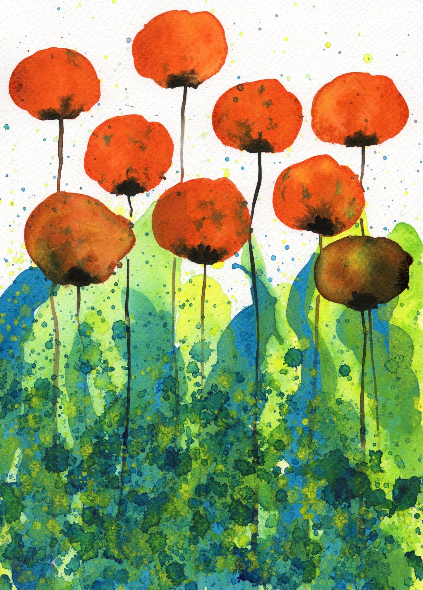 Orange Watercolor Flower Poppy Painting PRINT, Vibrant Colorful Artwork, Modern Farmhouse, Cottage Decor, Wall Art, Floral Landscape Garden