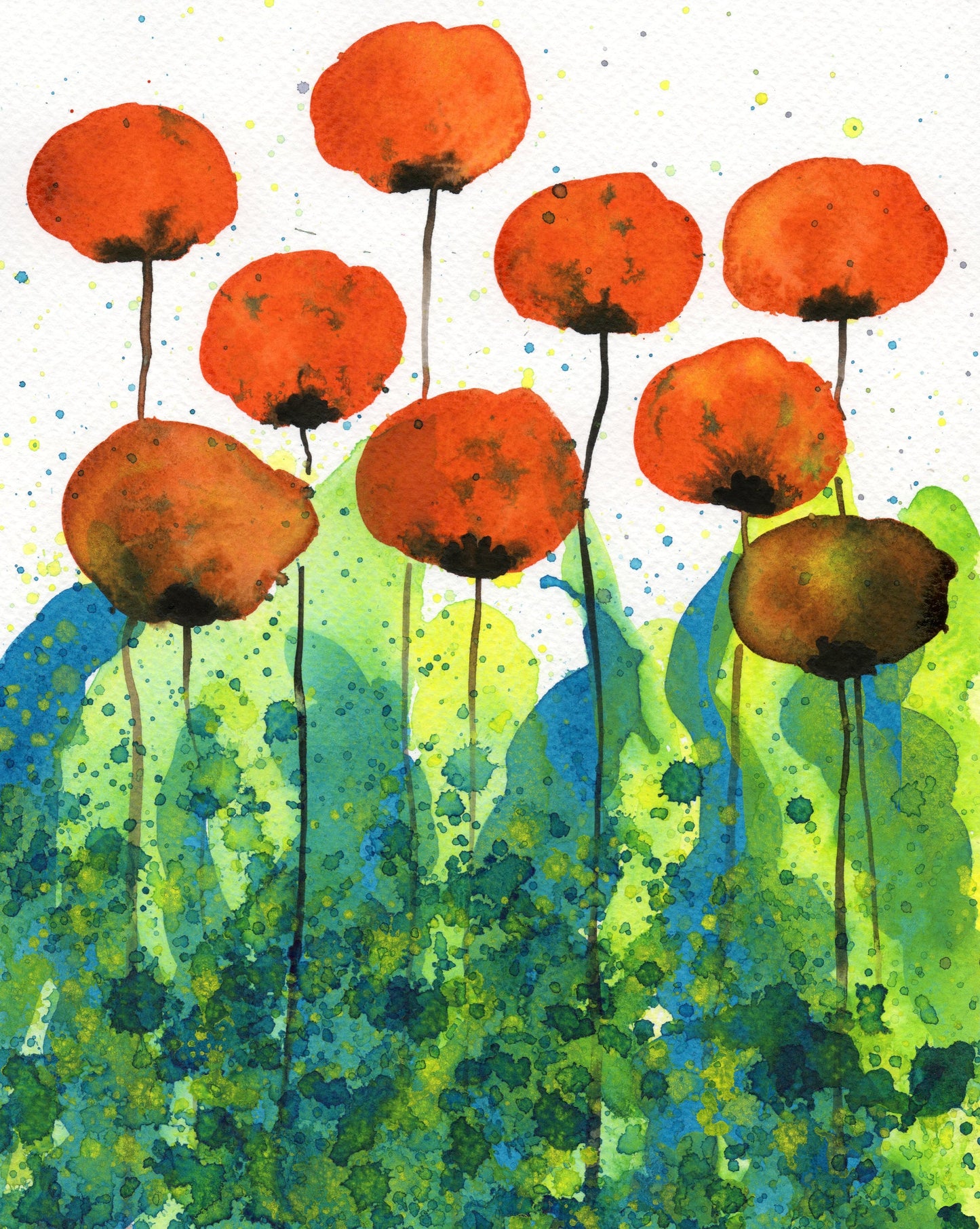 Orange Watercolor Flower Poppy Painting PRINT, Vibrant Colorful Artwork, Modern Farmhouse, Cottage Decor, Wall Art, Floral Landscape Garden