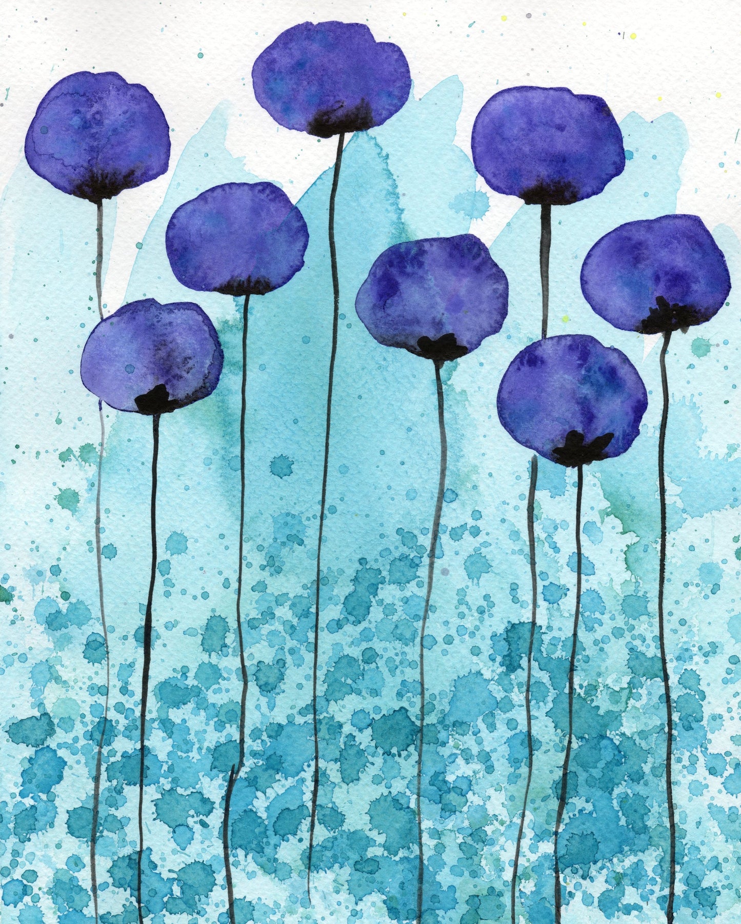 Purple Poppies on Aqua PRINT, Watercolor Painting Flowers, Modern Farmhouse, Cottagecore Cottage Garden Wall Decor Soft Floral Art Artwork