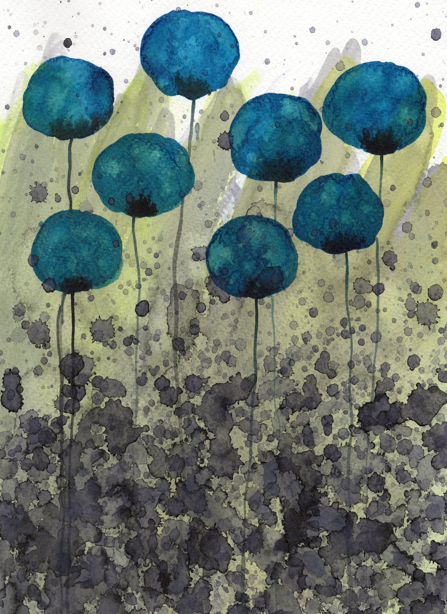 Dark Watercolor Flowers PRINT Night Garden, Landscape Painting, Twilight Teal Floral Art, Dead Flowers, Modern Farmhouse, Industrial Cottage