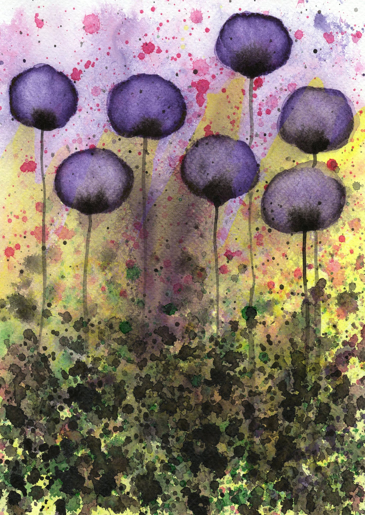 Dead Flowers in Watercolor PRINT, Dark Flowers, Industrial Loft Grunge Decor, Modern Farmhouse, Abstract Painting, Purple Green