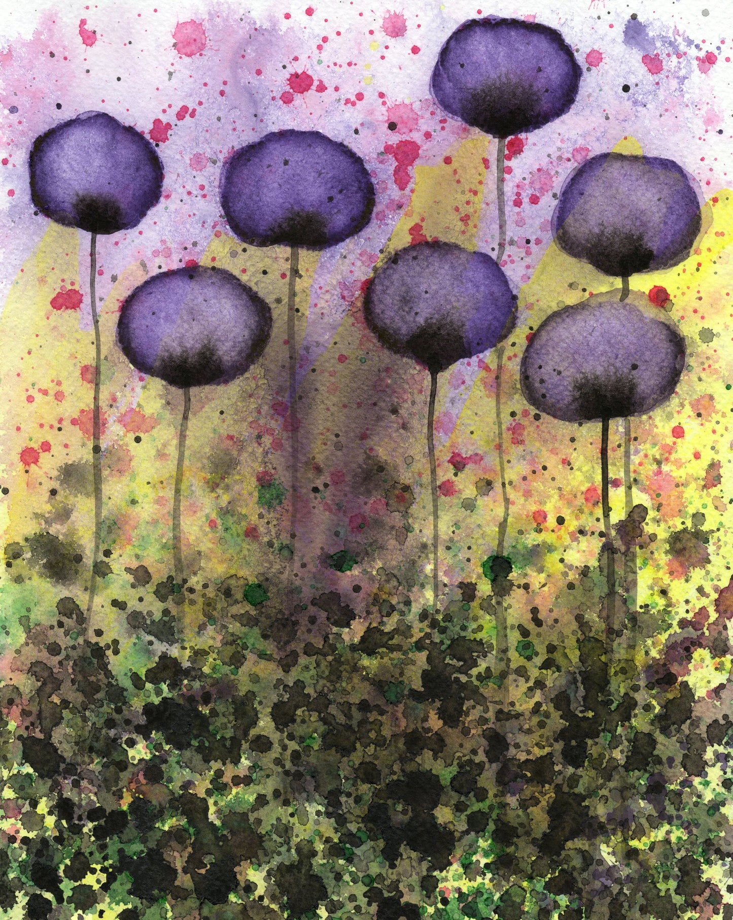 Dead Flowers in Watercolor PRINT, Dark Flowers, Industrial Loft Grunge Decor, Modern Farmhouse, Abstract Painting, Purple Green
