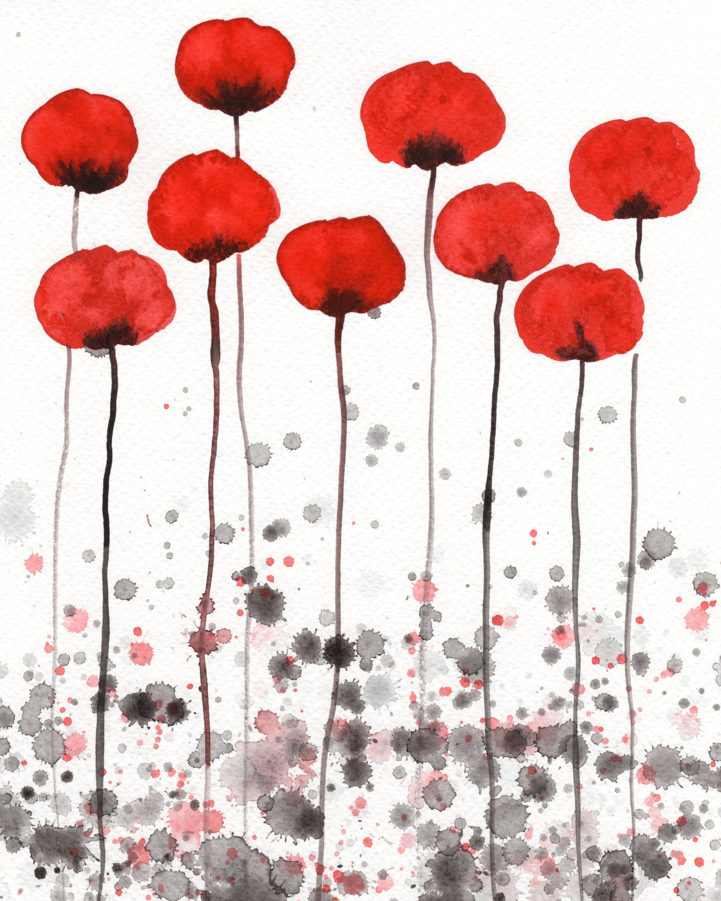 Scarlet Red Poppies PRINT Watercolor, Modern Farmhouse Flowers, Cottage Garden Decor, Wall Art, Floral Painting, Red Black White Cottagecore