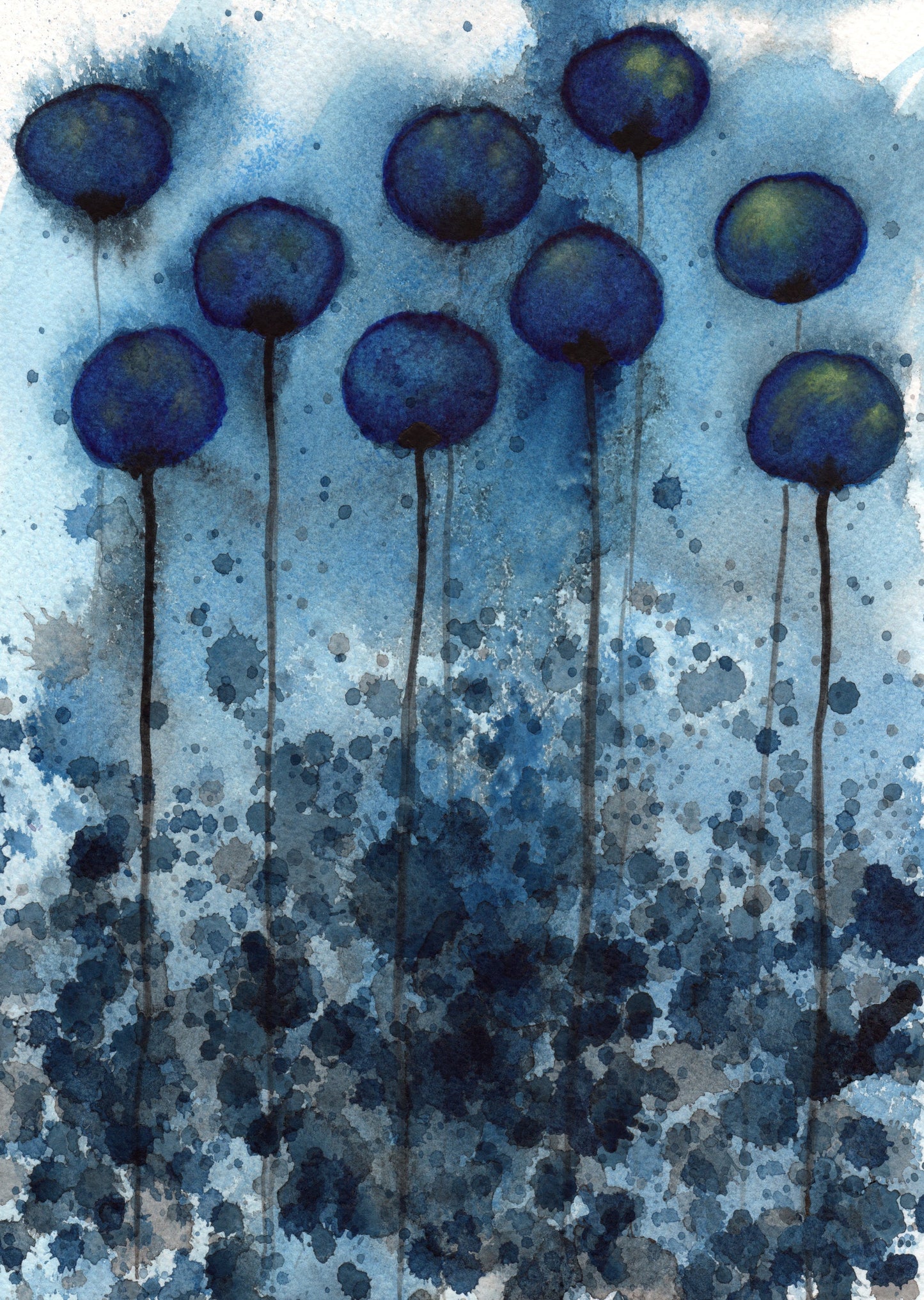Dark Blue Modern Fine Art PRINT, Farmhouse Flowers Painting Navy Watercolor Wall Decor, Night Garden Midnight Cottage Chic, Bedroom Bathroom