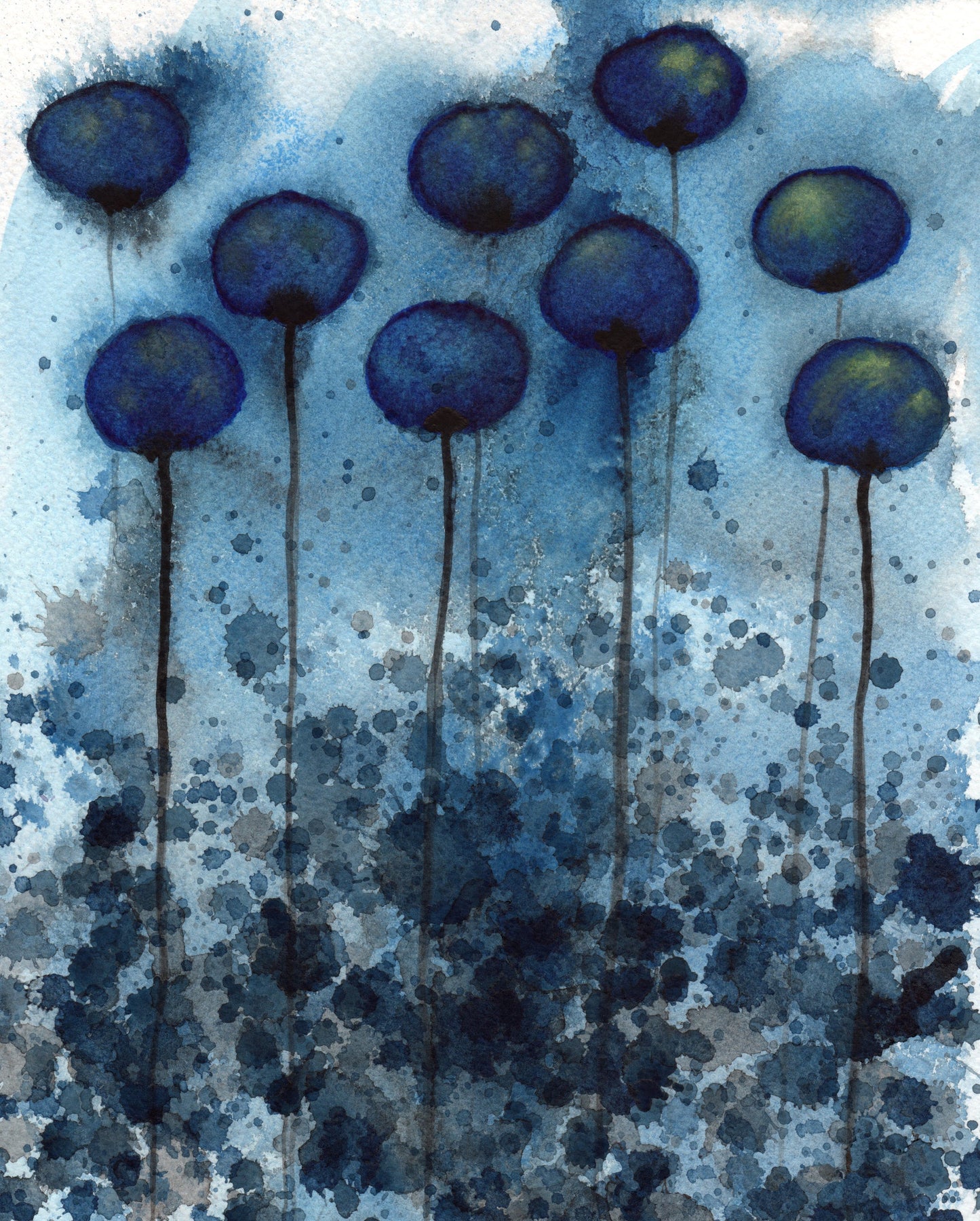 Dark Blue Modern Fine Art PRINT, Farmhouse Flowers Painting Navy Watercolor Wall Decor, Night Garden Midnight Cottage Chic, Bedroom Bathroom