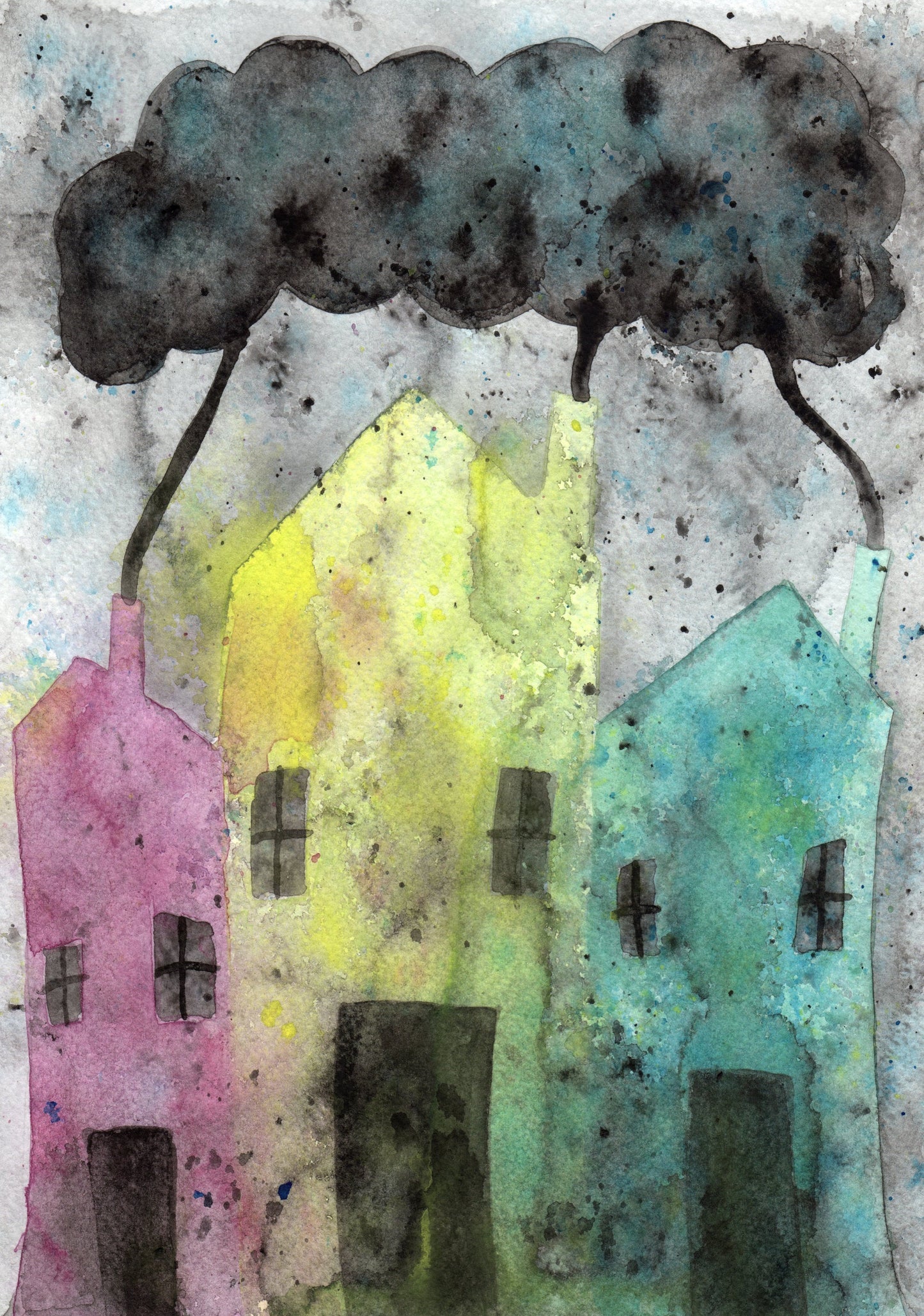 Pastel Houses Watercolor PRINT for a Colorful Cottage Style, Cute Art in Pink Yellow and Aqua, Cottage Chic, Cozy Cottagecore Bedroom Decor