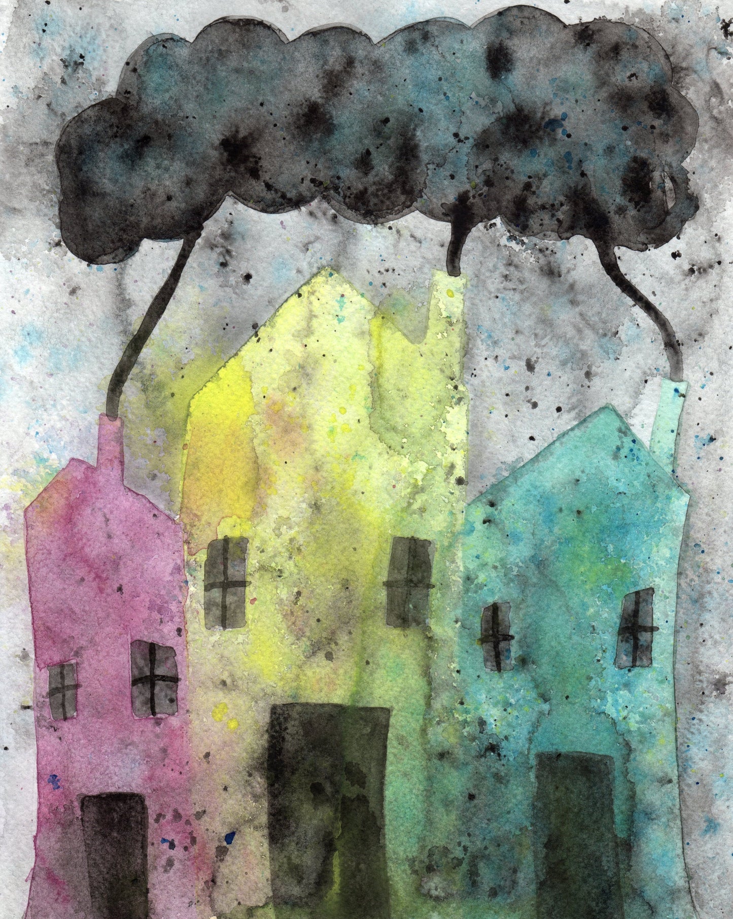 Pastel Houses Watercolor PRINT for a Colorful Cottage Style, Cute Art in Pink Yellow and Aqua, Cottage Chic, Cozy Cottagecore Bedroom Decor