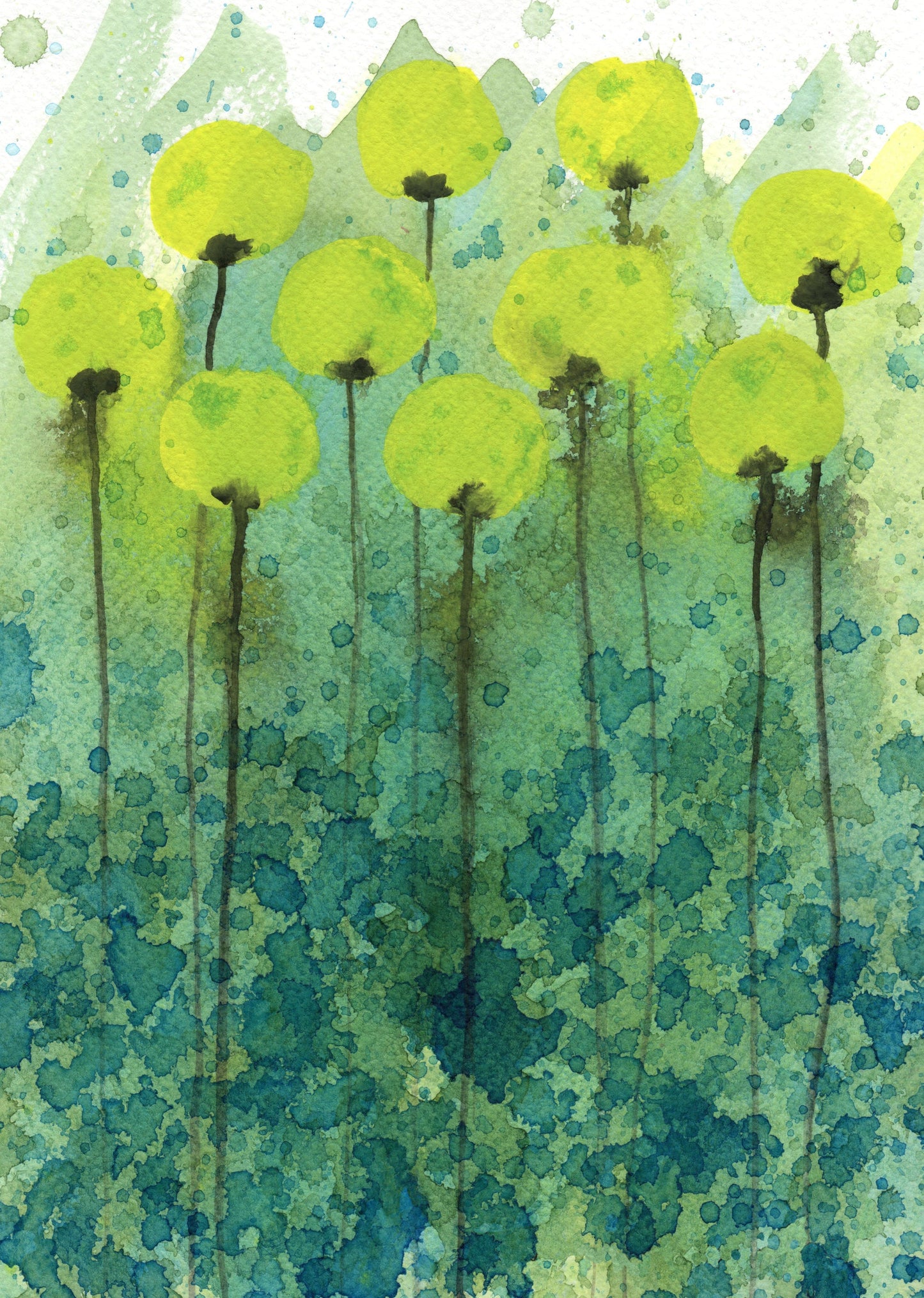 Yellow and Green Modern Farmhouse Watercolor, Art Print, Flower Painting, Cottage Style, Garden Landscape Artwork, Floral Abstract, Splatter