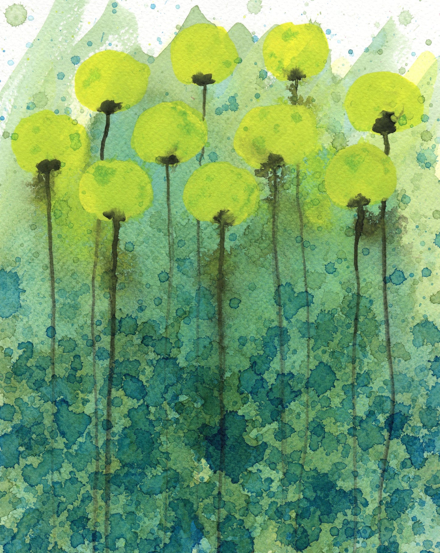 Yellow and Green Modern Farmhouse Watercolor, Art Print, Flower Painting, Cottage Style, Garden Landscape Artwork, Floral Abstract, Splatter