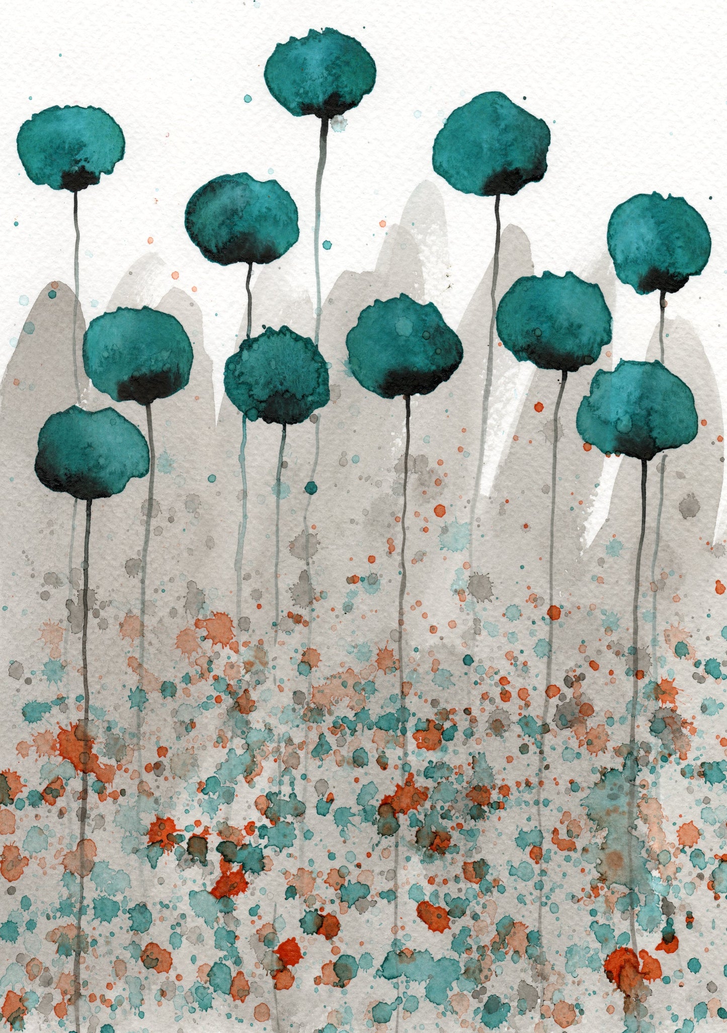 Teal Watercolor Flowers Teal Watercolor Painting Teal Poppy Painting Modern Floral Landscape Aqua Gray Painting Teal Orange Gray Art