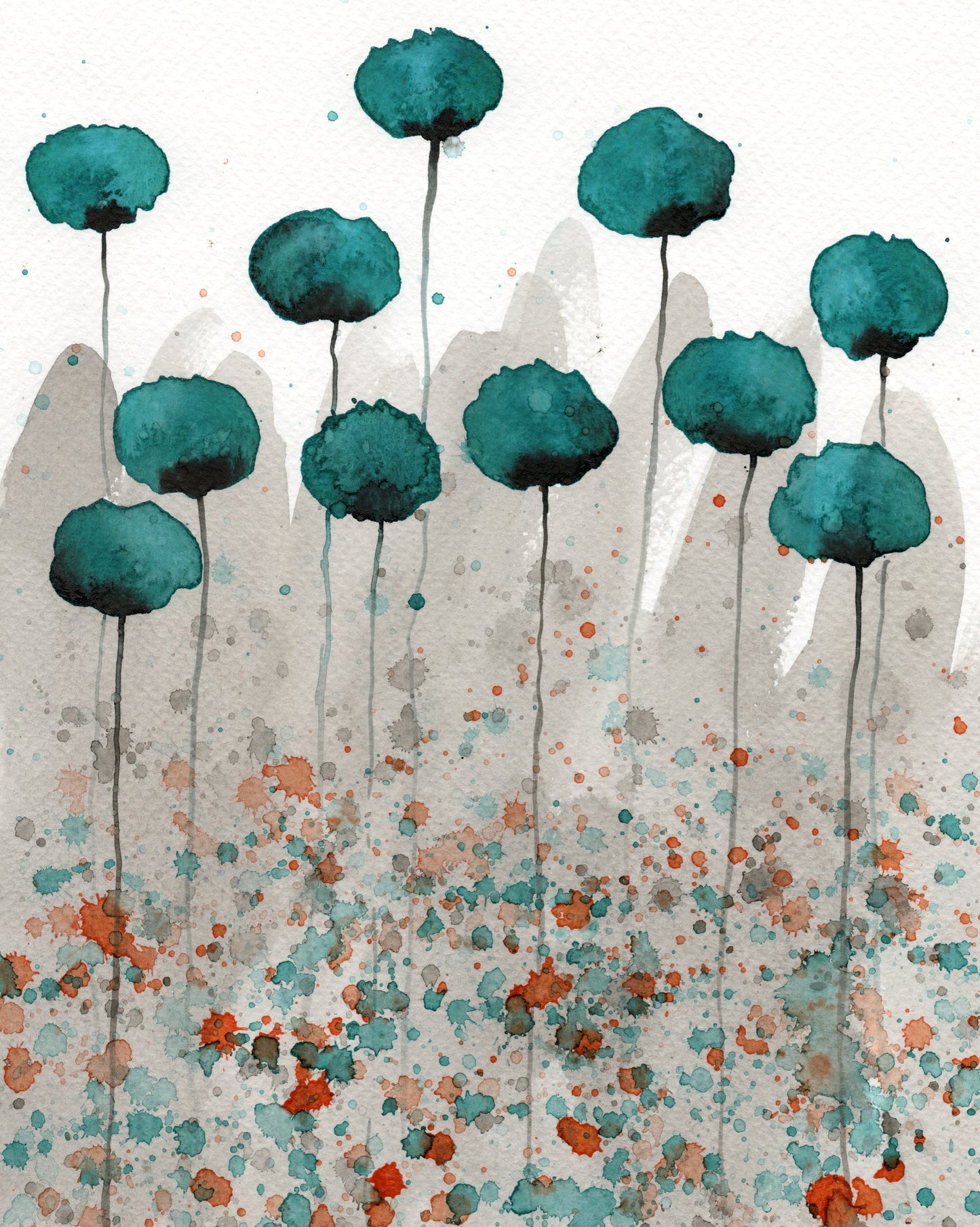 Teal Watercolor Flowers Teal Watercolor Painting Teal Poppy Painting Modern Floral Landscape Aqua Gray Painting Teal Orange Gray Art