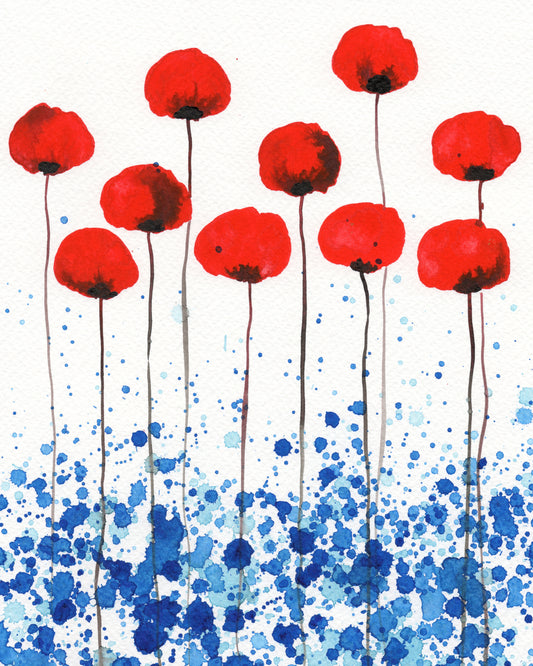 Bright and Sunny Day PRINT Red Poppies, Watercolor Flowers, Red Blue Aqua, Poppy Painting Modern Floral Landscape, Farmhouse, Cottage Chic